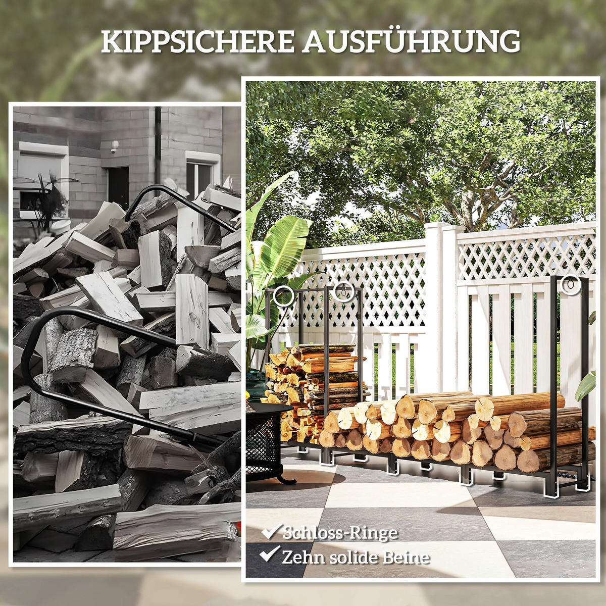 KAMINHOLZREGAL bis 300 kg - Schwarz, Metall (32/115/240cm) - Outsunny