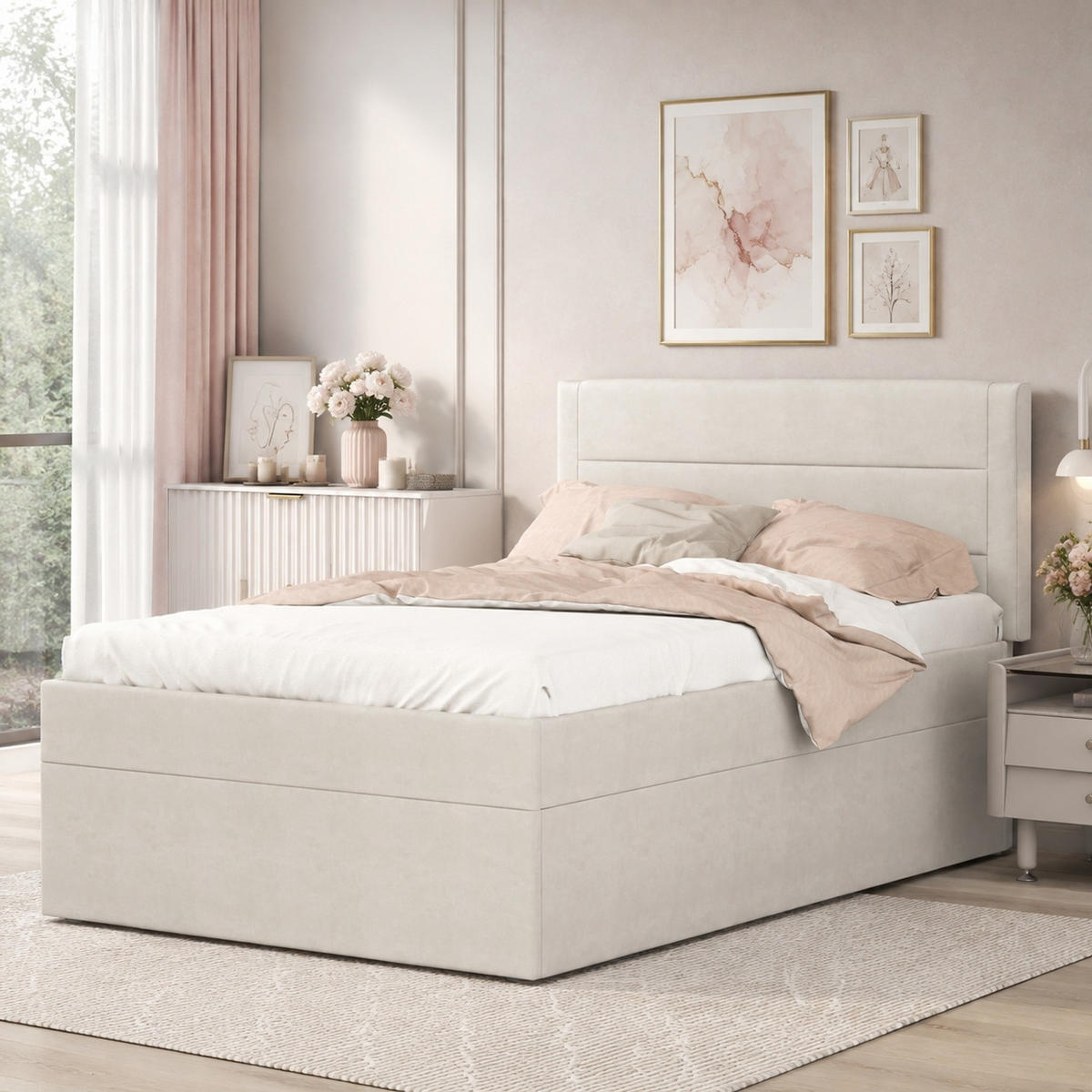 POLSTERBETT 90/200 mit Metallrahmen-Lattenrost, großem Stauraum, Leinenbezug, ohne Matratze in Beige - Beige, Holzwerkstoff/Textil (90/200cm) - EVRYAE