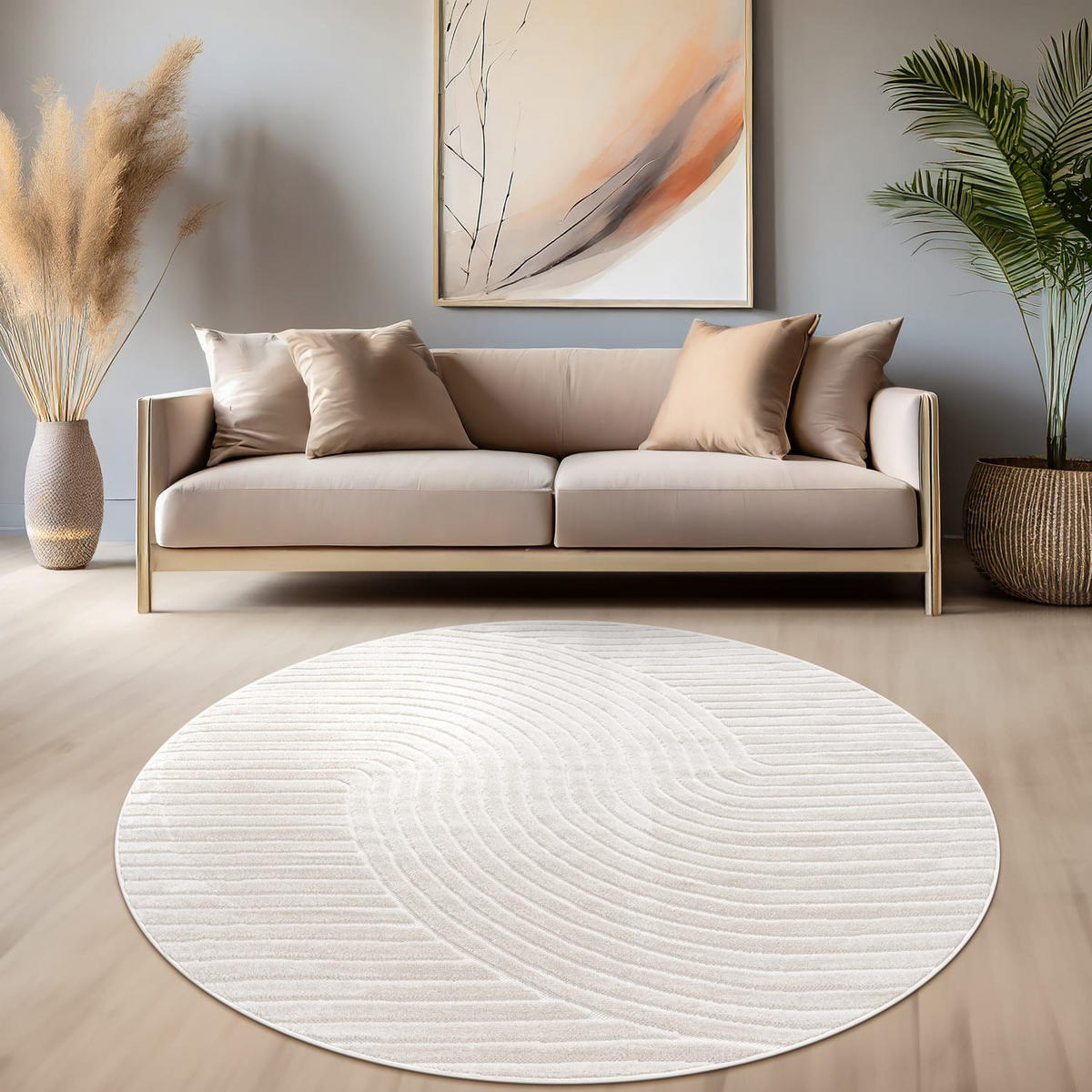 TEPPICH Kurzflor Struktur Wohnzimmer schmutzabweisend Creme Rund 200D - Creme, Textil (200/200cm) - KADIMA DESIGN