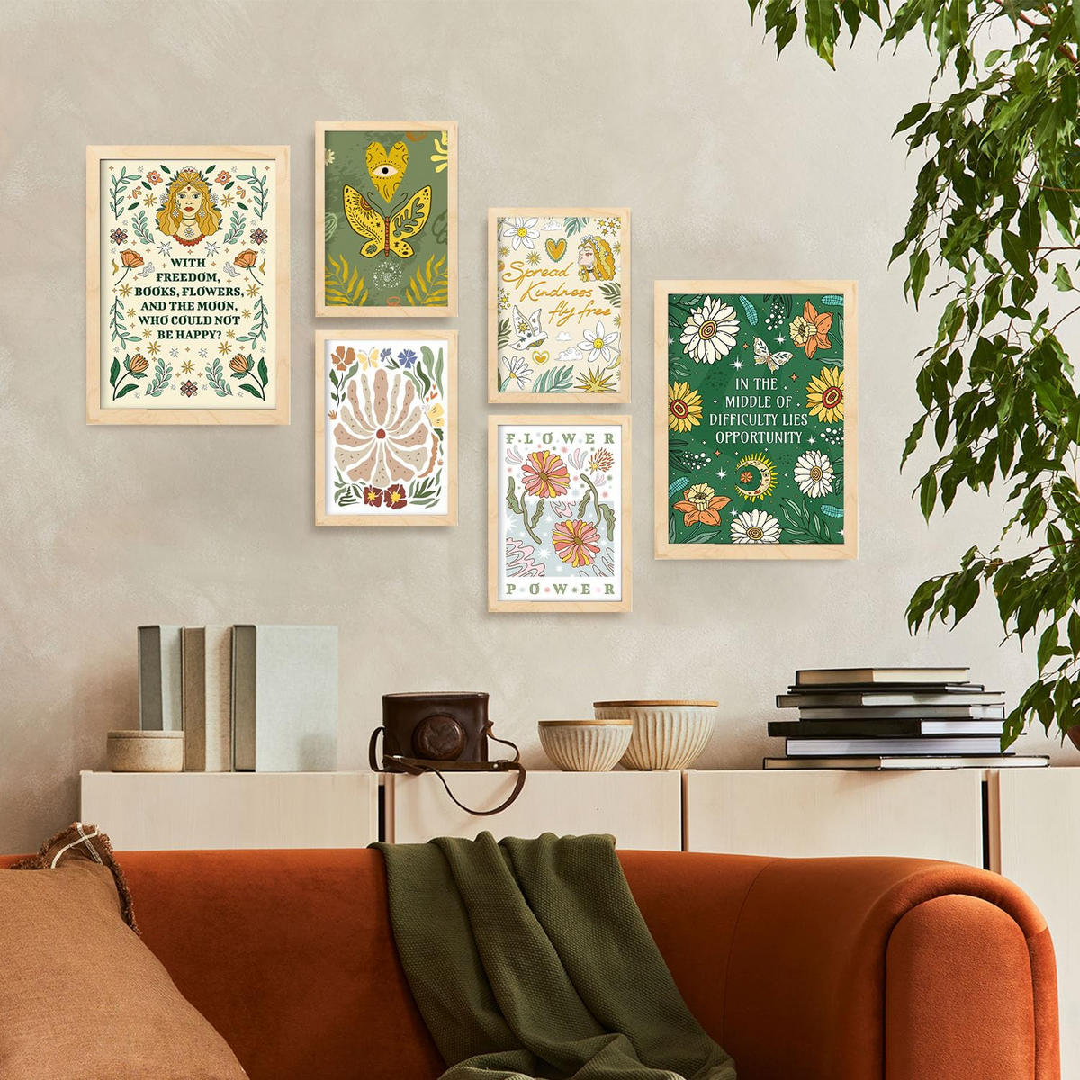 POSTER Set Mit 6 Drucken Mit Freundlichkeit In Der Brillanten Groovy Dekorative Rahmen Für Ihr Zuhause Wandkunstdruck A3 & A4 Rahmen Aus Hellem Holz - Beige, Papier (29/3cm) - Nacnic