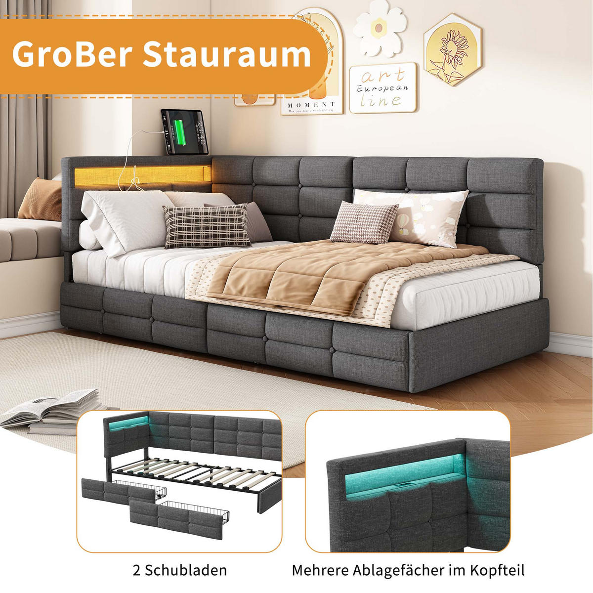 POLSTERBETT 90x200 Mit 2 Schubladen, LED & USB Typ-C, Grau - Grau, Holz (90/200cm) - EuroLiving