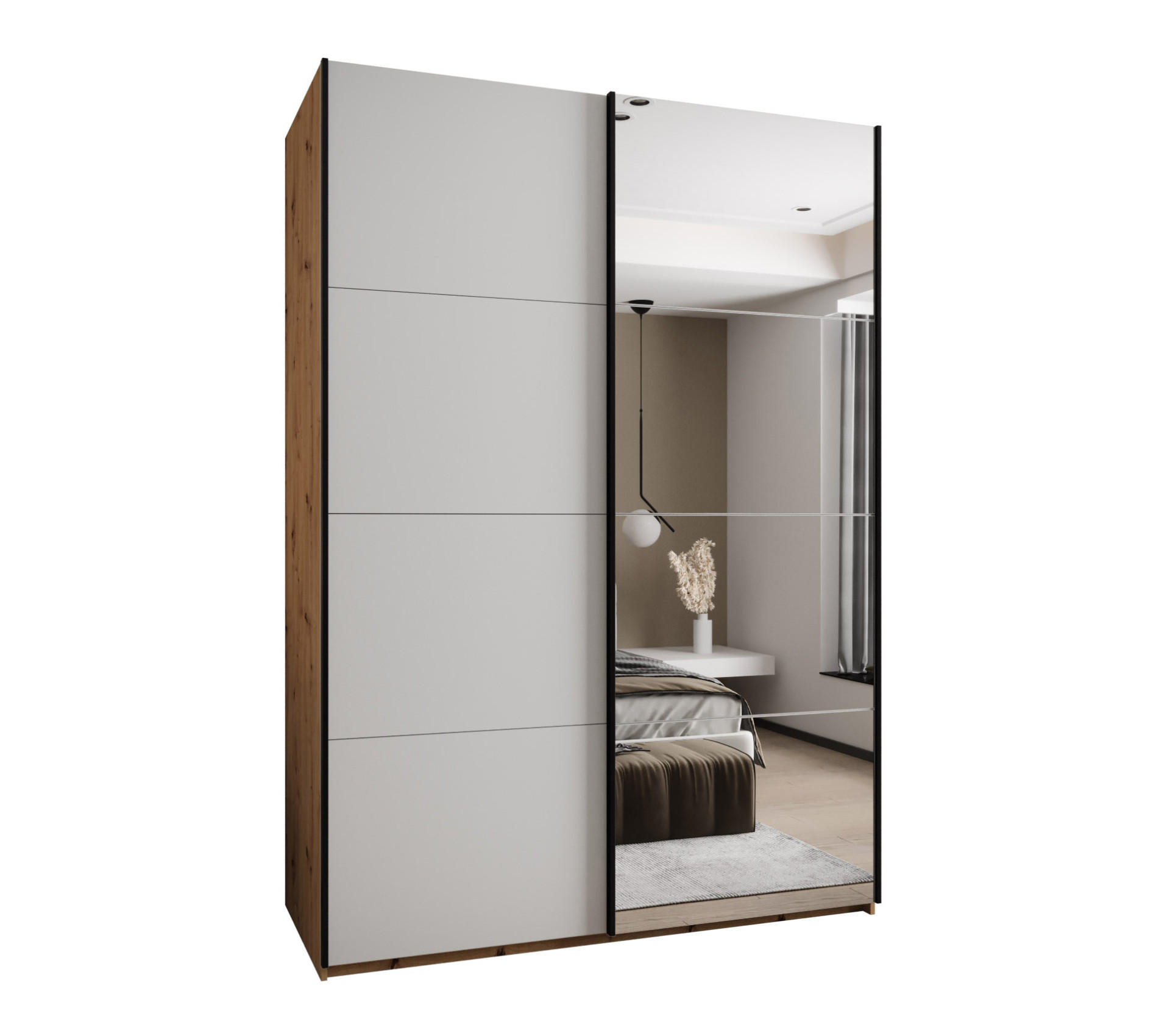 Abiks Möbel Schwebetürenschrank Eiche Artisan, Weiß, Schwarz 170x245x64 cm