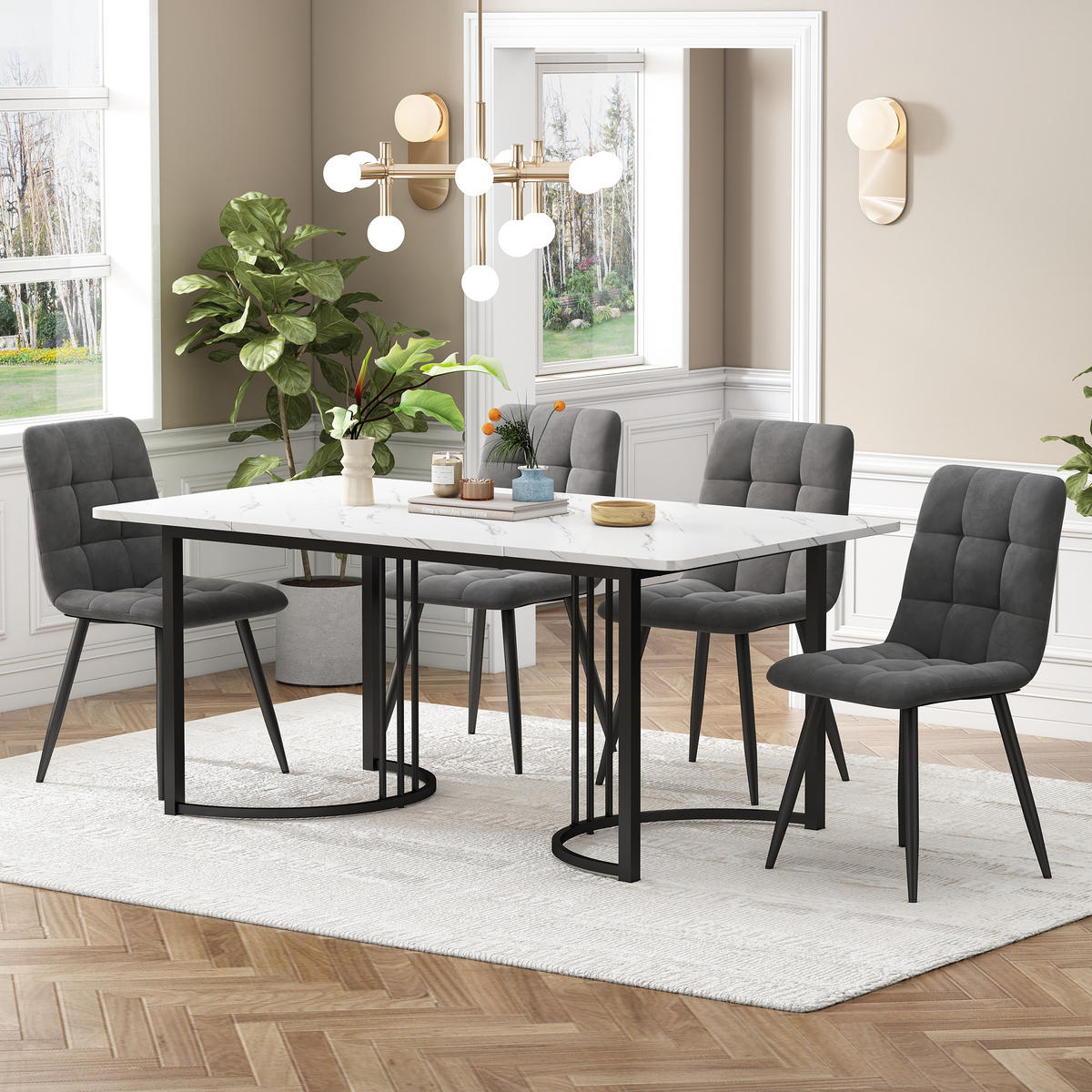 ESSGRUPPE Esstisch 4 Stühle MDF Weiß Grau 140x80cm - Grau, Holzwerkstoff (140/75/80cm) - FLIEKS