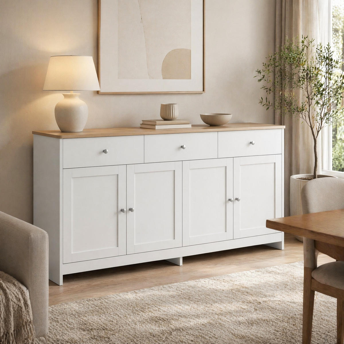 SIDEBOARD in Weiß Kommode mit 4 Türen und 3 Schubladen für Wohnzimmer und Esszimmer, B160/T37/H75cm - Weiß, Holzwerkstoff/Metall (160/75/37cm) - STILVORA