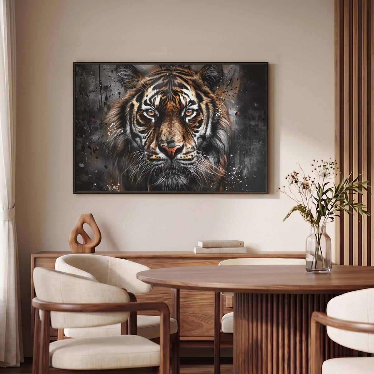 LEINWAND Bilder mit Rahmen - Tiger - Tiere - Porträt - Luxus - Schwarz - 90x60 - Braun, Textil (90/60cm) - MuchoWow
