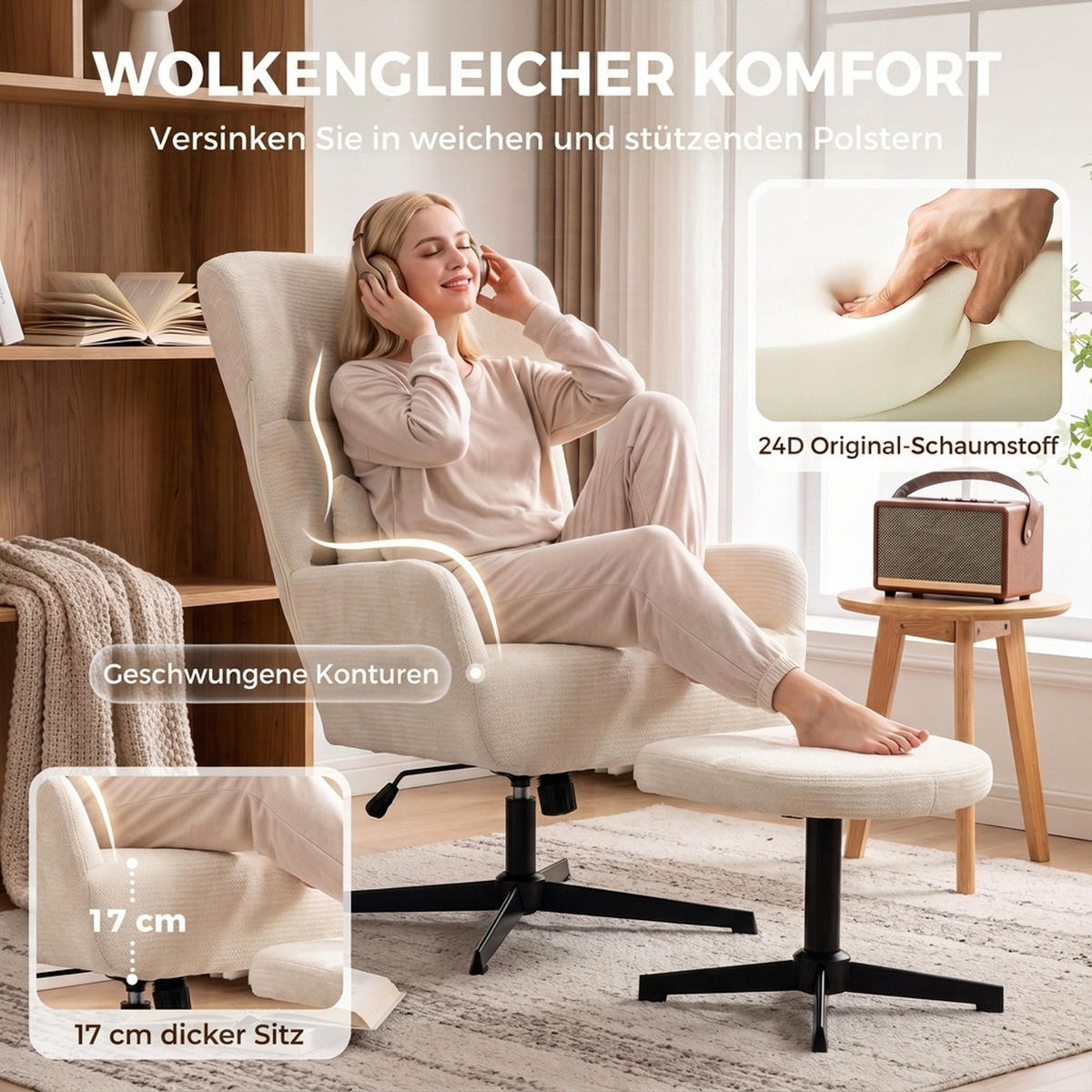 RELAXSESSEL-MIT-HOCKER 2er Set Polyester Cremeweiß - Creme/Schwarz, Textil/Metall (88/104/71cm) - HOMCOM