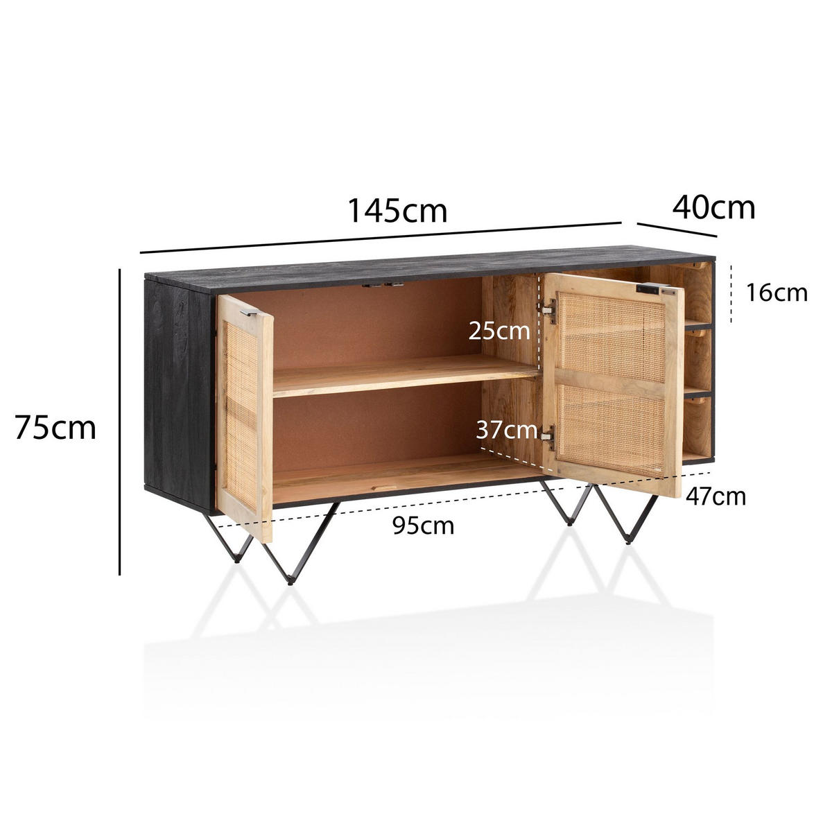 SIDEBOARD – Mango Massivholz/Rattan, 145x75x40 cm, 2 Türen, schwarz/braun, mit Regal - Schwarz, Holz/Metall (145/75/40cm) - KADIMA DESIGN