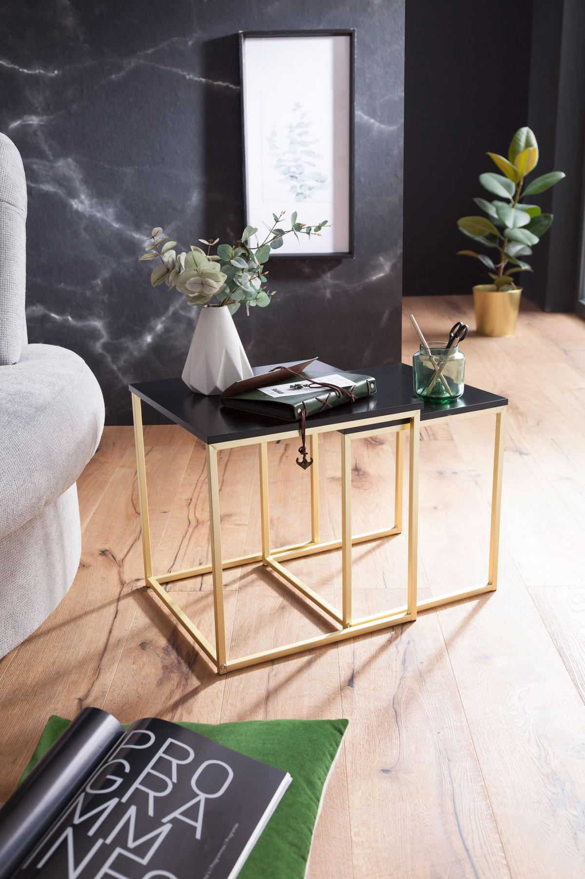 COUCHTISCH 2er Set Metallgestell Glas MDF-Platte TRONTO, Gold 40x40x42 cm - Goldfarben, Holz/Metall (40/40/42cm) - KADIMA DESIGN