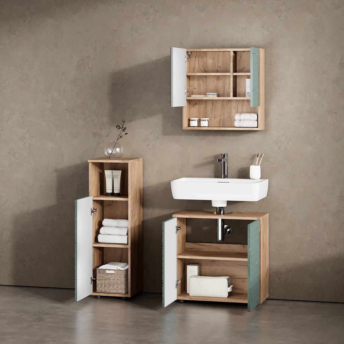 BADMÖBEL-SET Ronco Grün/Goldkraft Eiche 3 Teile - Honigeiche/Grün, Holzwerkstoff (60/59/30cm) - Livinity®