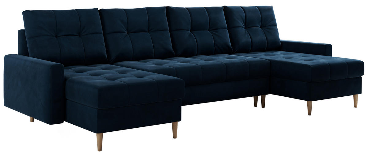 WOHNLANDSCHAFT Colin U Velvet Dunkelblau - Dunkelblau/Braun, Holz/Textil (290/75/140cm) - MKS