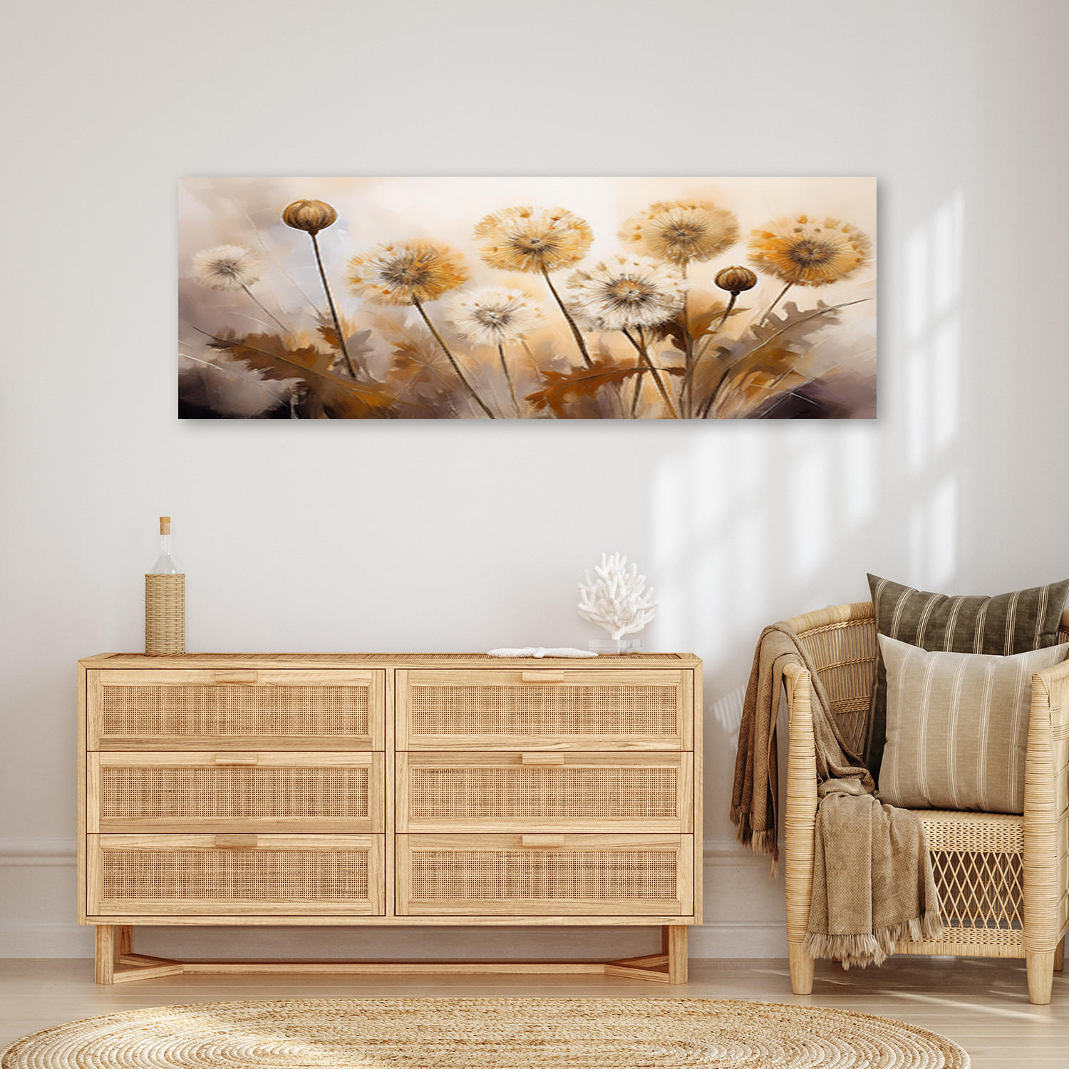 WANDBILD löwenzahn pflanzt blumen auf beigem hintergrund - Beige, Textil (90/30cm) - Feeby