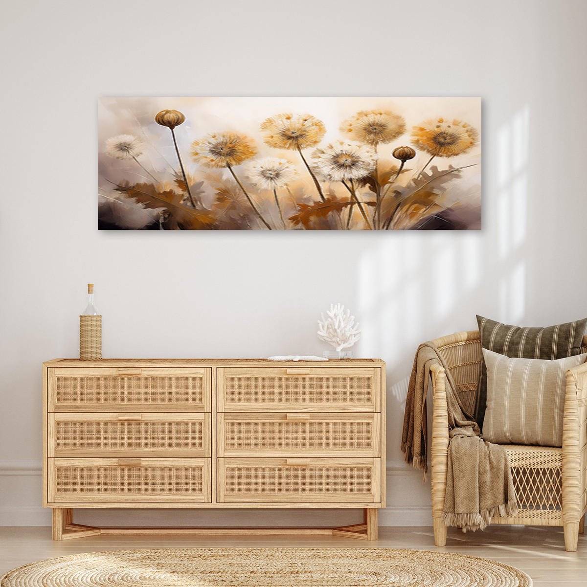 WANDBILD löwenzahn pflanzt blumen auf beigem hintergrund - Beige, Textil (90/30cm) - Feeby