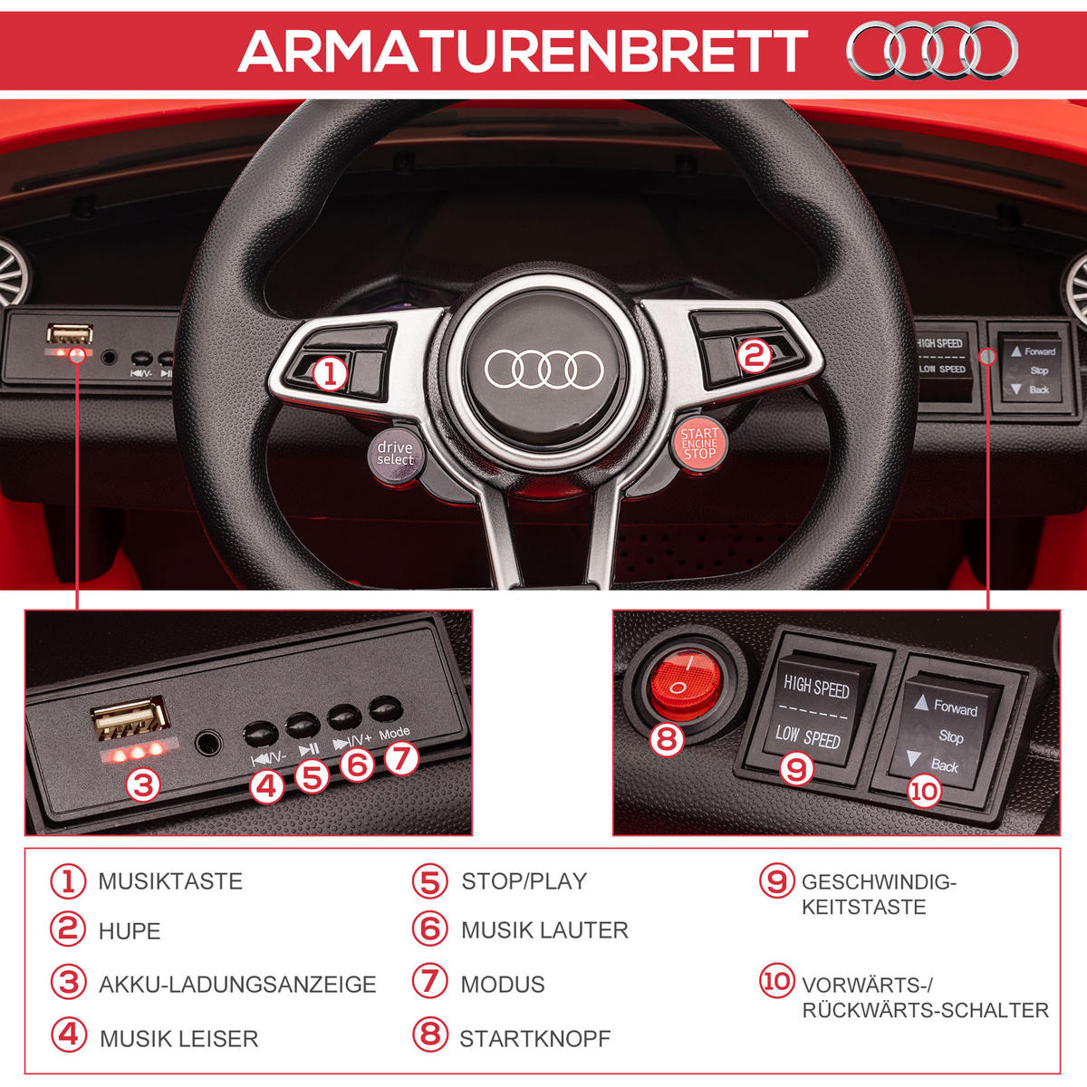 KINDER ELEKTROAUTO, Rot/Gelb, Kunststoff+ Eisen - Rot, Metall (102/60/44cm) - HOMCOM