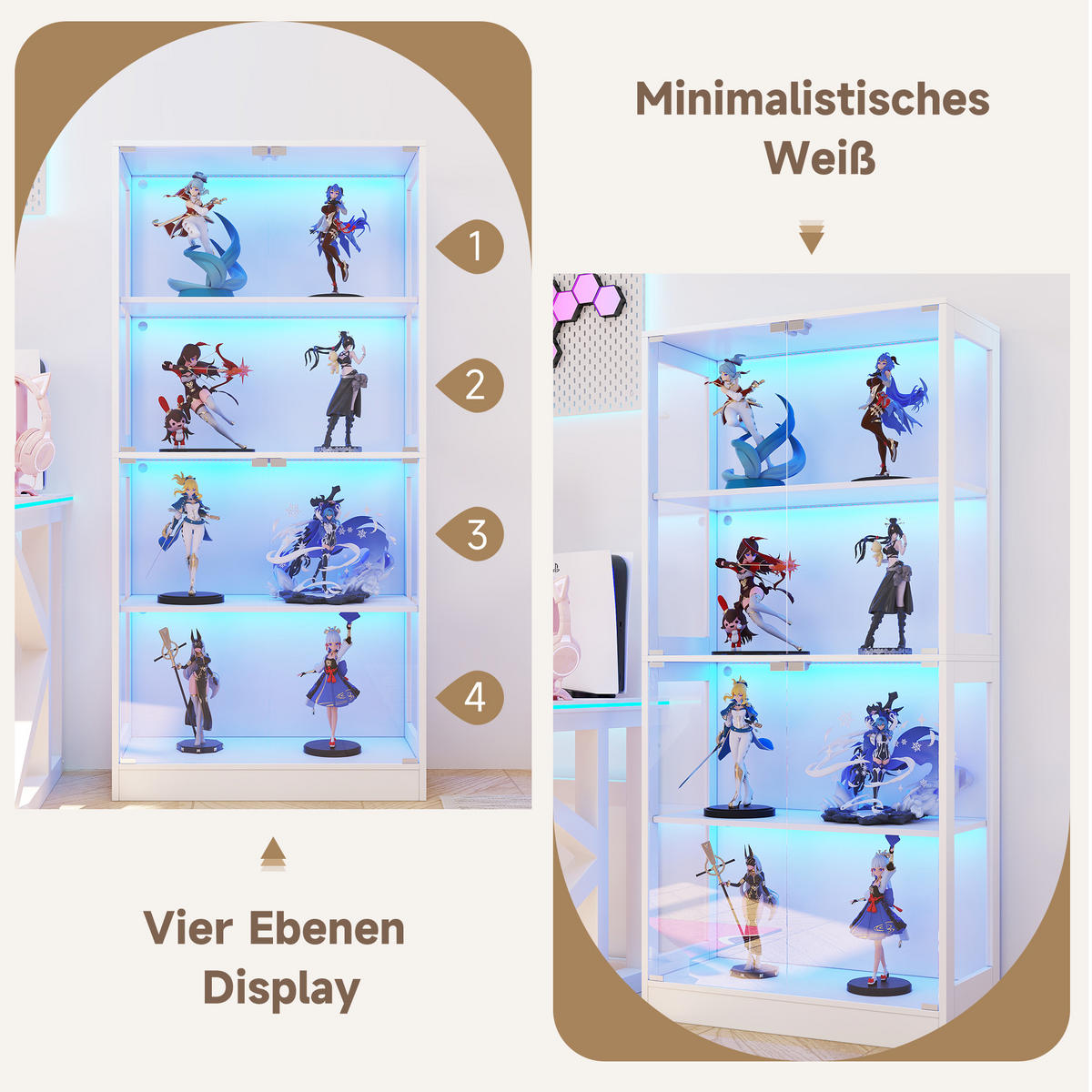 VITRINE 4 Ebenen Stauraum, App-gesteuertem LED-Licht, Push-to-Open Türen 80/35/170 cm - Transparent/Weiß, Glas/Holzwerkstoff (80/170/35cm) - EVRYAE