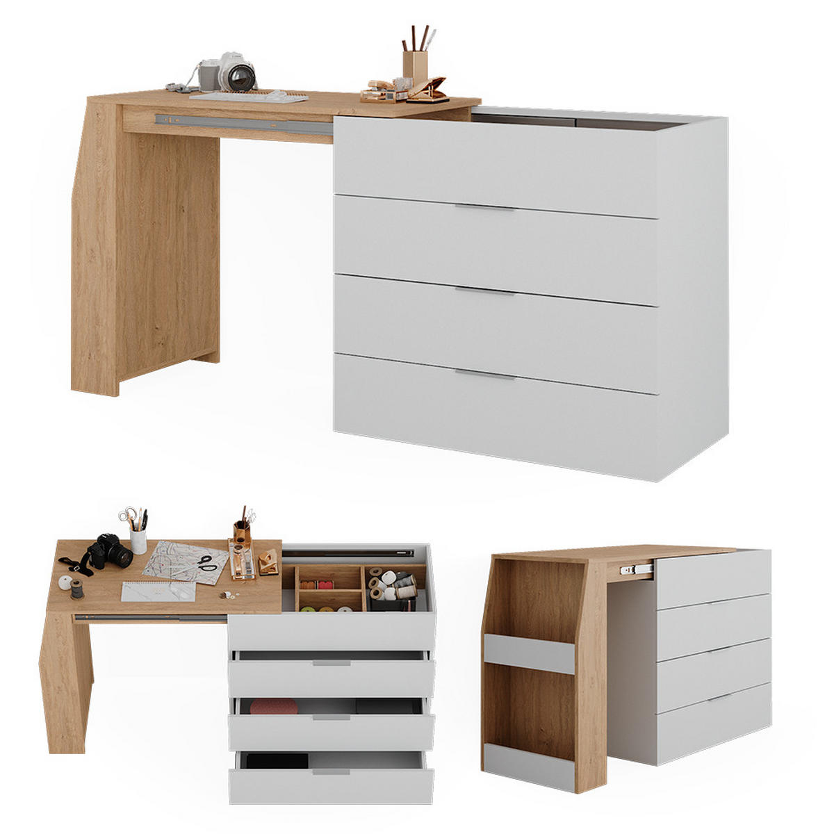 BASTELTISCH Iva Weiß 95.5 x 80 cm ausklappbar, 4 Schubladen - Weiß, Holzwerkstoff (47/95.5/80cm) - Vicco