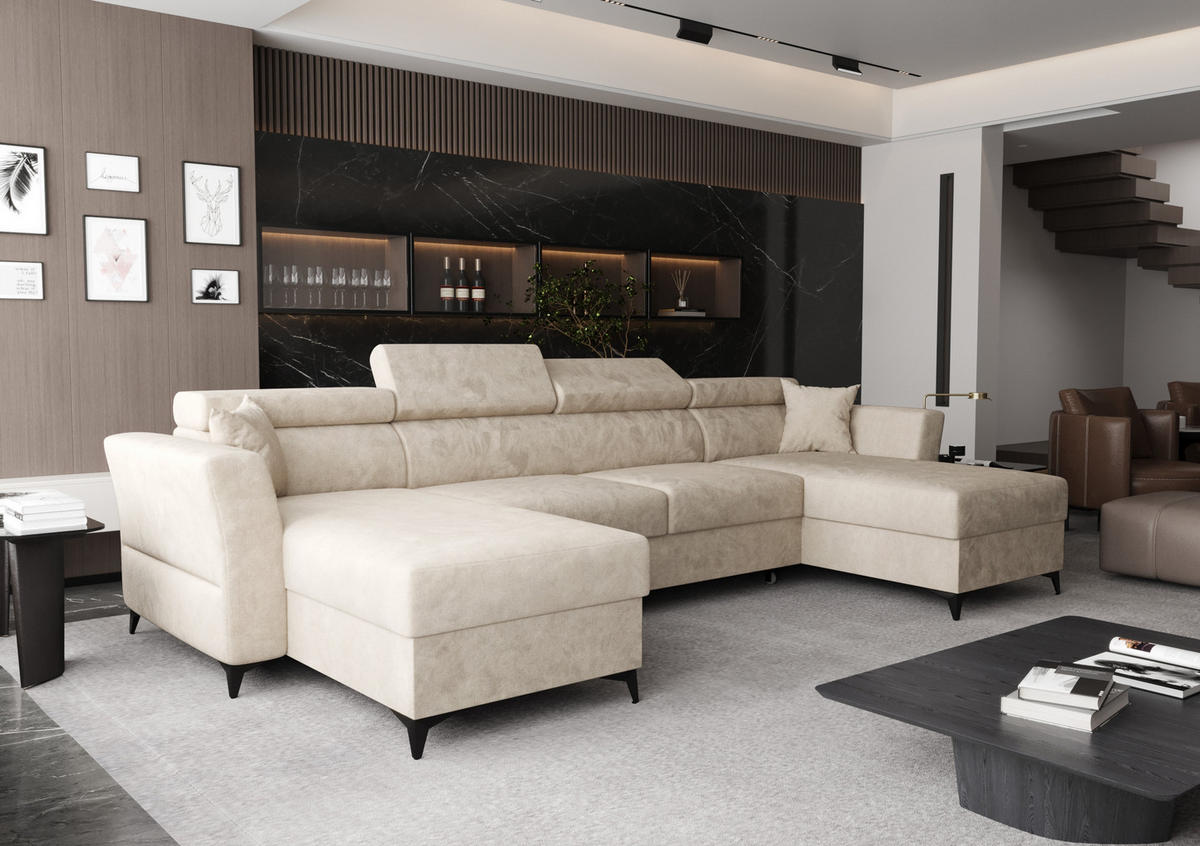 WOHNLANDSCHAFT Ribella Creme 345/180/100 cm mit Schlaffunktion - Beige/Schwarz, Textil/Metall (345/100/180cm) - AX Living