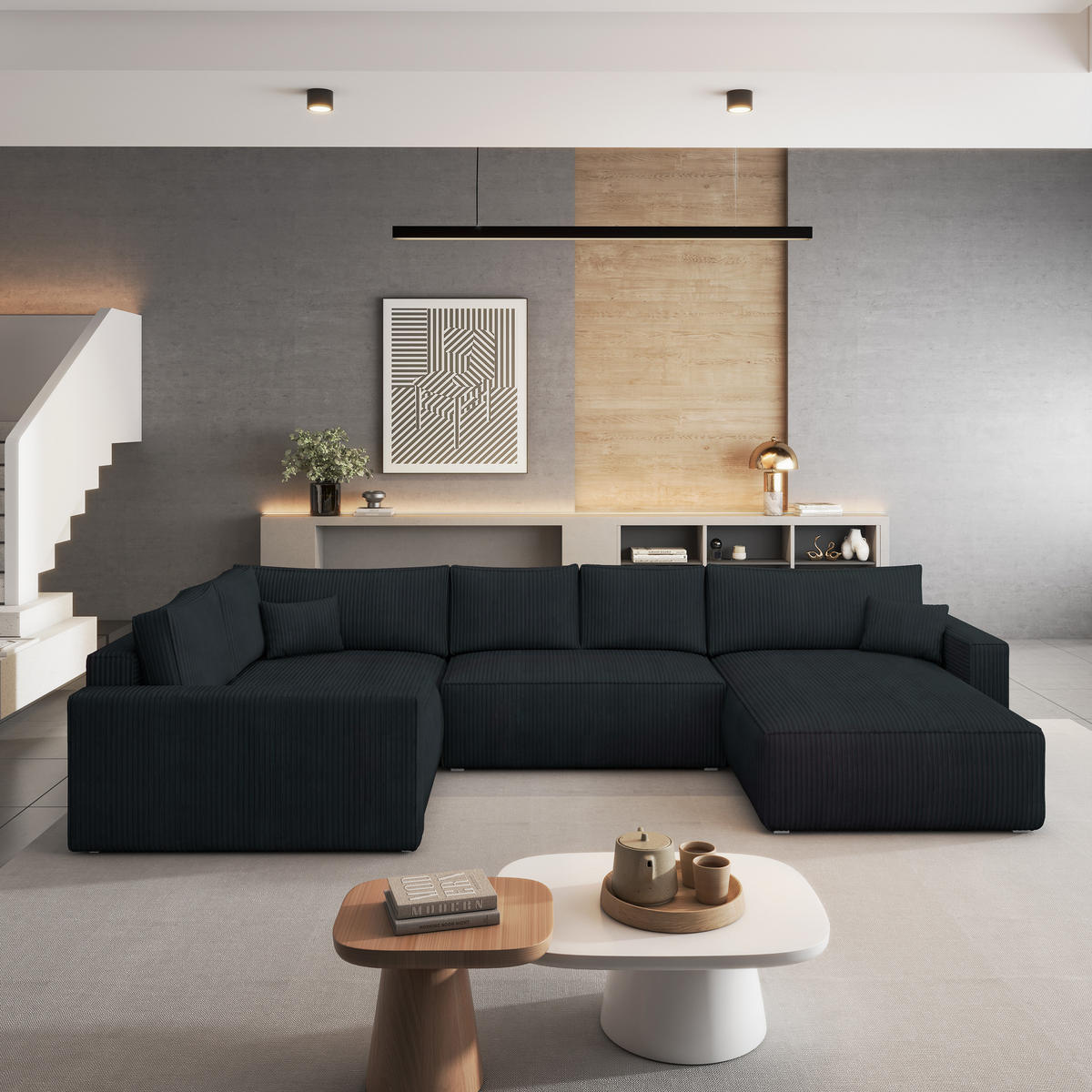 ROHOVÁ SEDAČKA VELAMI černá - šedá/černá, dřevo/textil (365/194cm) - MASSENO