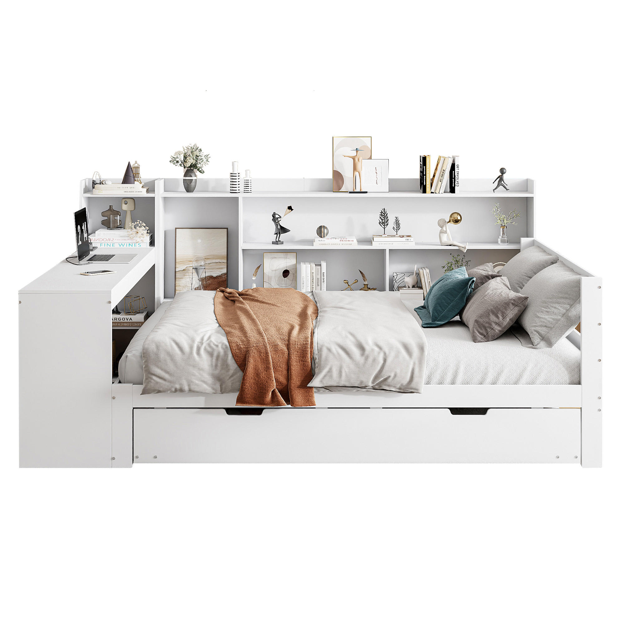 BETT Aus Massivholz mit ausziehbarem Bett und Schreibtisch Weiß 140/200 cm - Weiß, Holz (140/200cm) - OKWISH