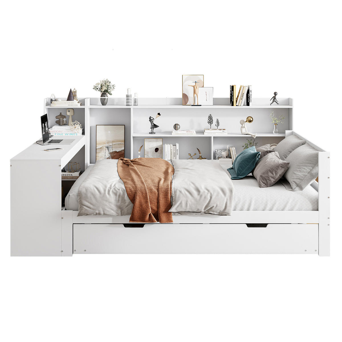 BETT Aus Massivholz mit ausziehbarem Bett und Schreibtisch Weiß 140/200 cm - Weiß, Holz (140/200cm) - OKWISH