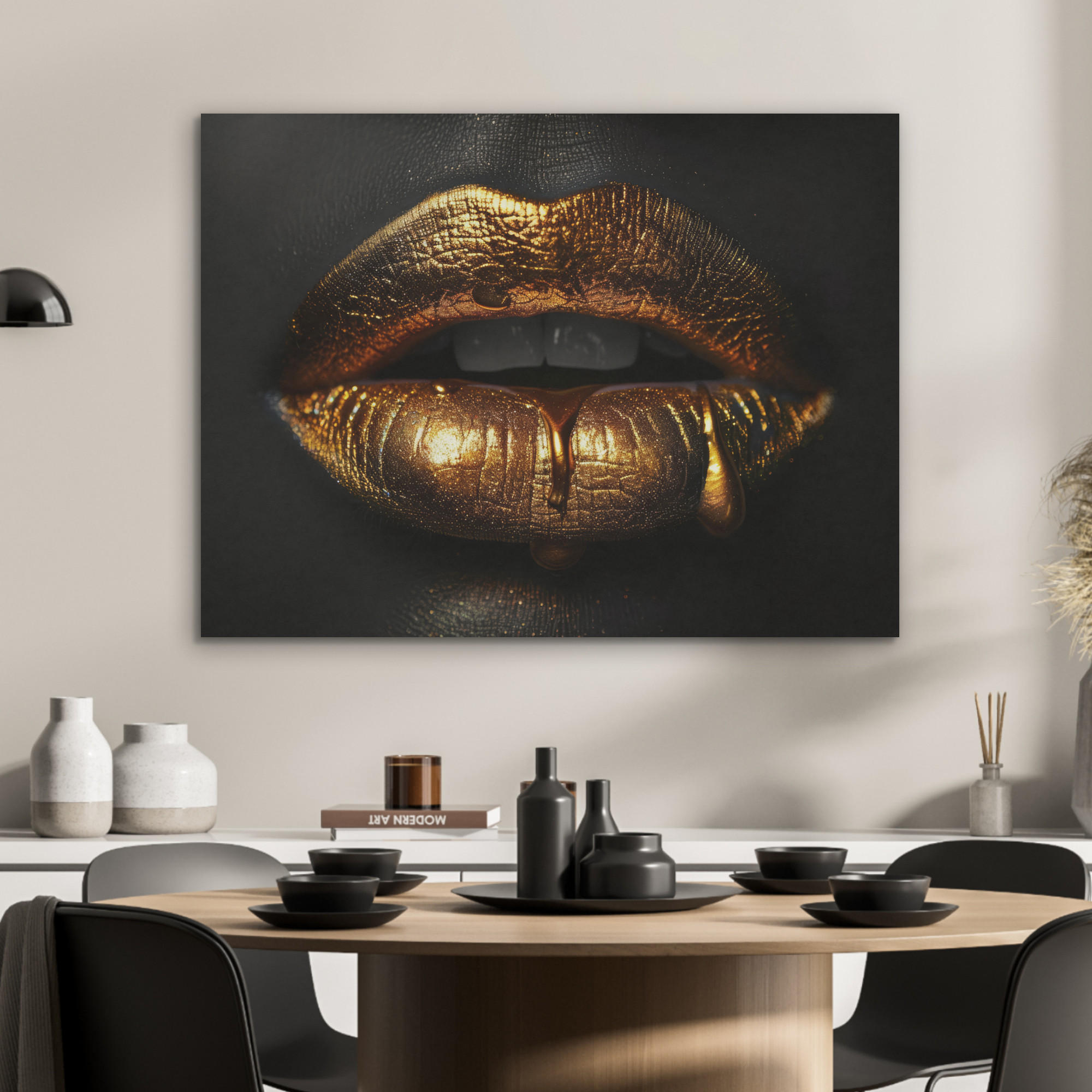 AKUSTIKPANEEL Frau - Porträt - Lippen - Gold - Schwarz 80x60 cm - Schwarz, Textil (80/0.9/60cm) - MuchoWow