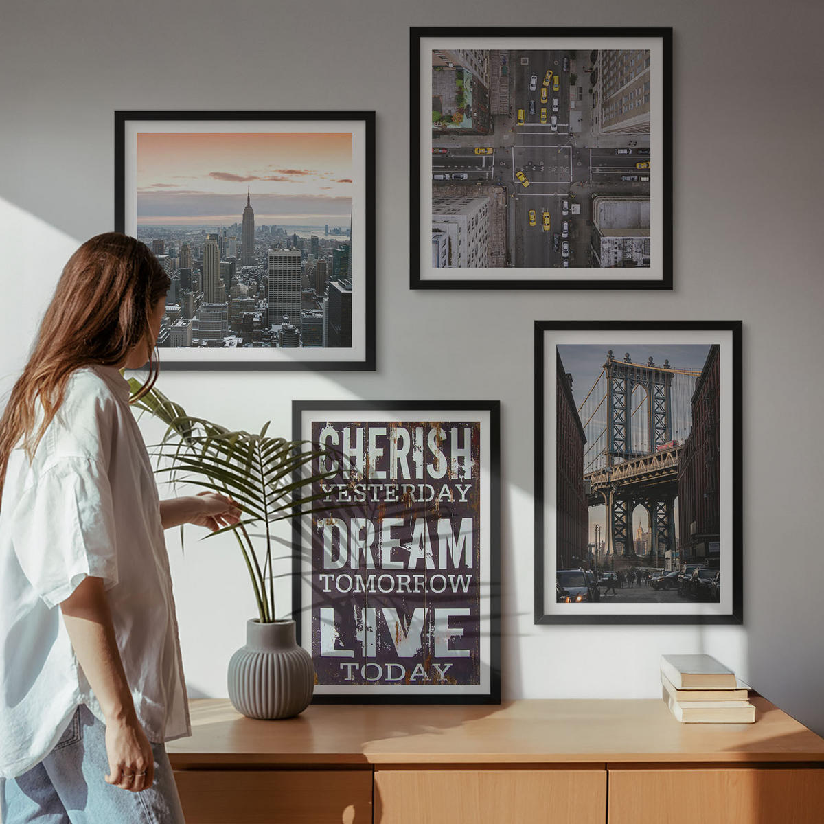 BILDER SET 4er Set - 50x50 cm & 40x60 cm Schwarzer Rahmen - Zitat über New Yorker Landschaften - Schwarz, Kunststoff (50/50cm) - TULUP