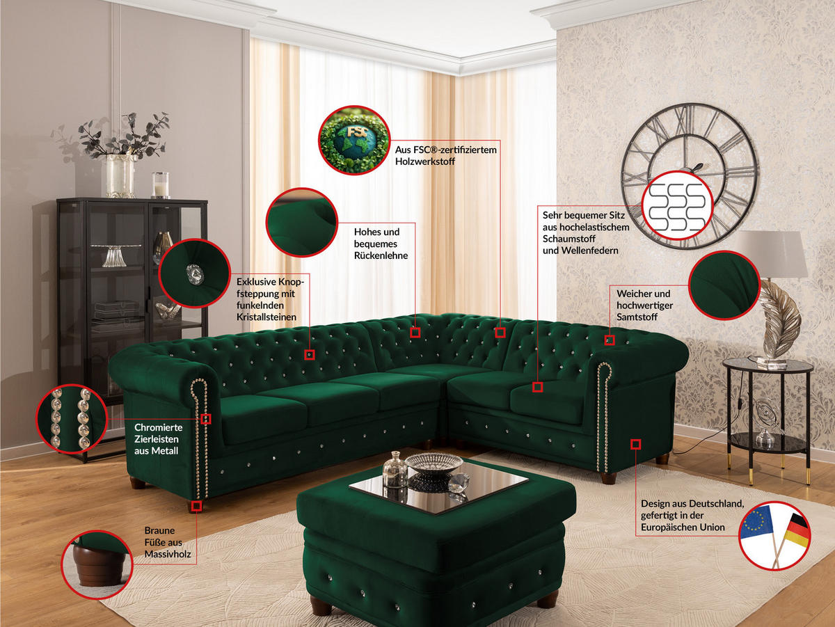 ECKSOFA Chesterfield Cleo Blink Flasche Grün Samt mit Kristallsteppung und braunen Massivholzfüßen - Ottomane Rechts - Braun/Grün, Holz/Textil (264/210cm) - S-Style Möbel