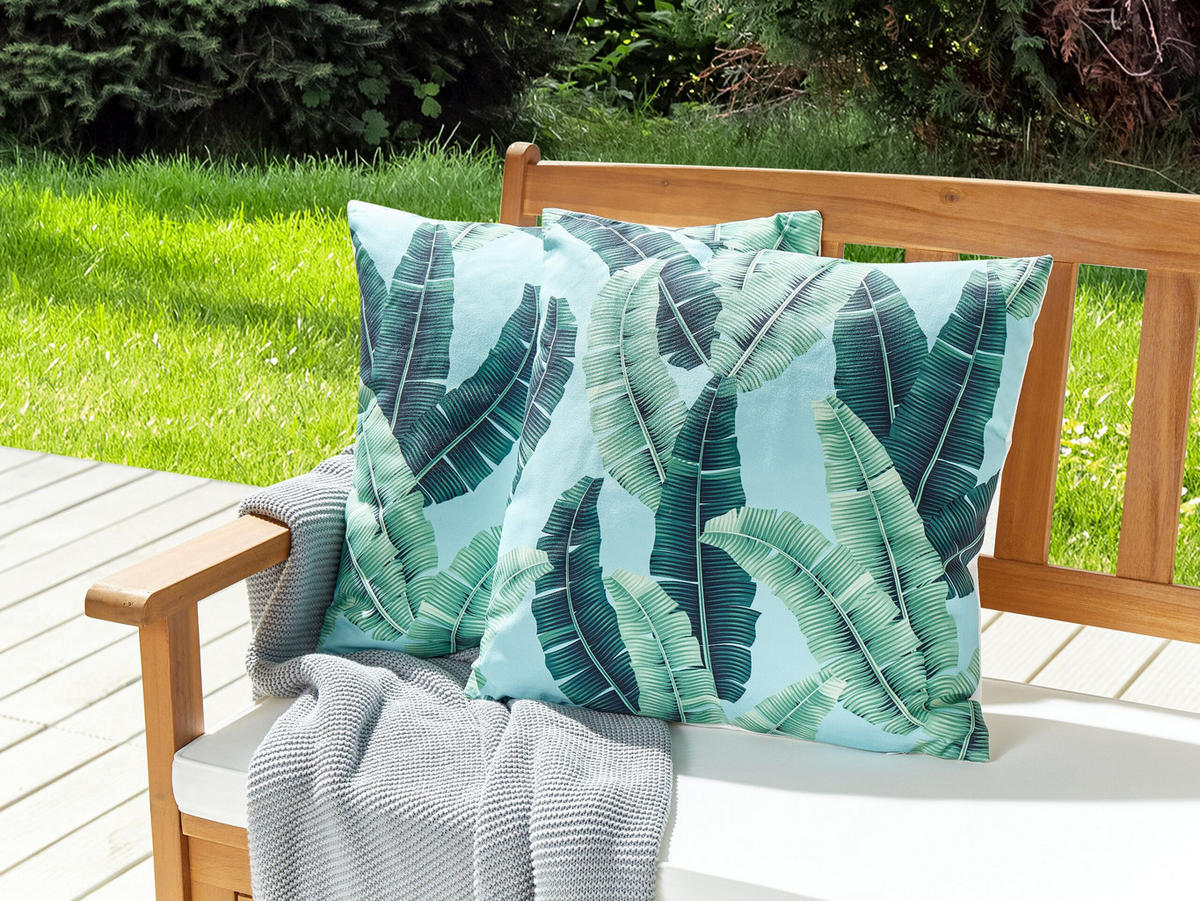 GARTENKISSEN 2er-Set Blattmotiv grün 45/45 cm Boissano - Hellgrün, Textil (45/45cm) - Beliani