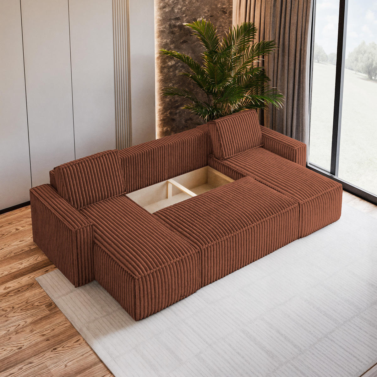 WOHNLANDSCHAFT PESANO T Braun Kordstoff mit Schlaffunktion - Braun, Holz (306/85/140cm) - MASSENO