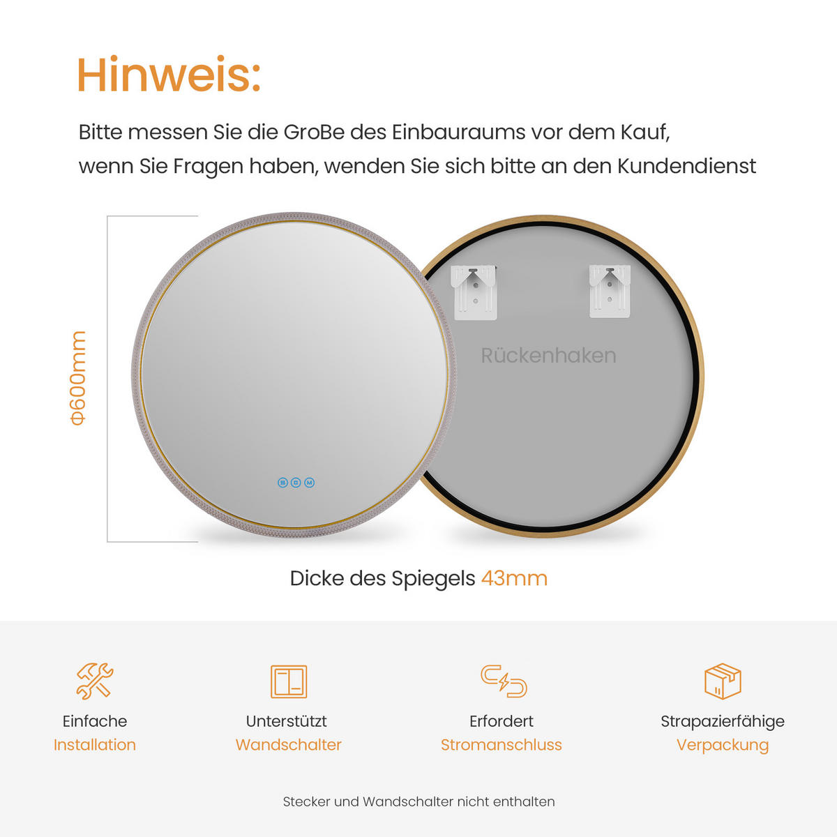 BADSPIEGEL Runder mit Beleuchtung Gold ф60 cm - Goldfarben, Glas (60/4.3/60cm) - EMKE