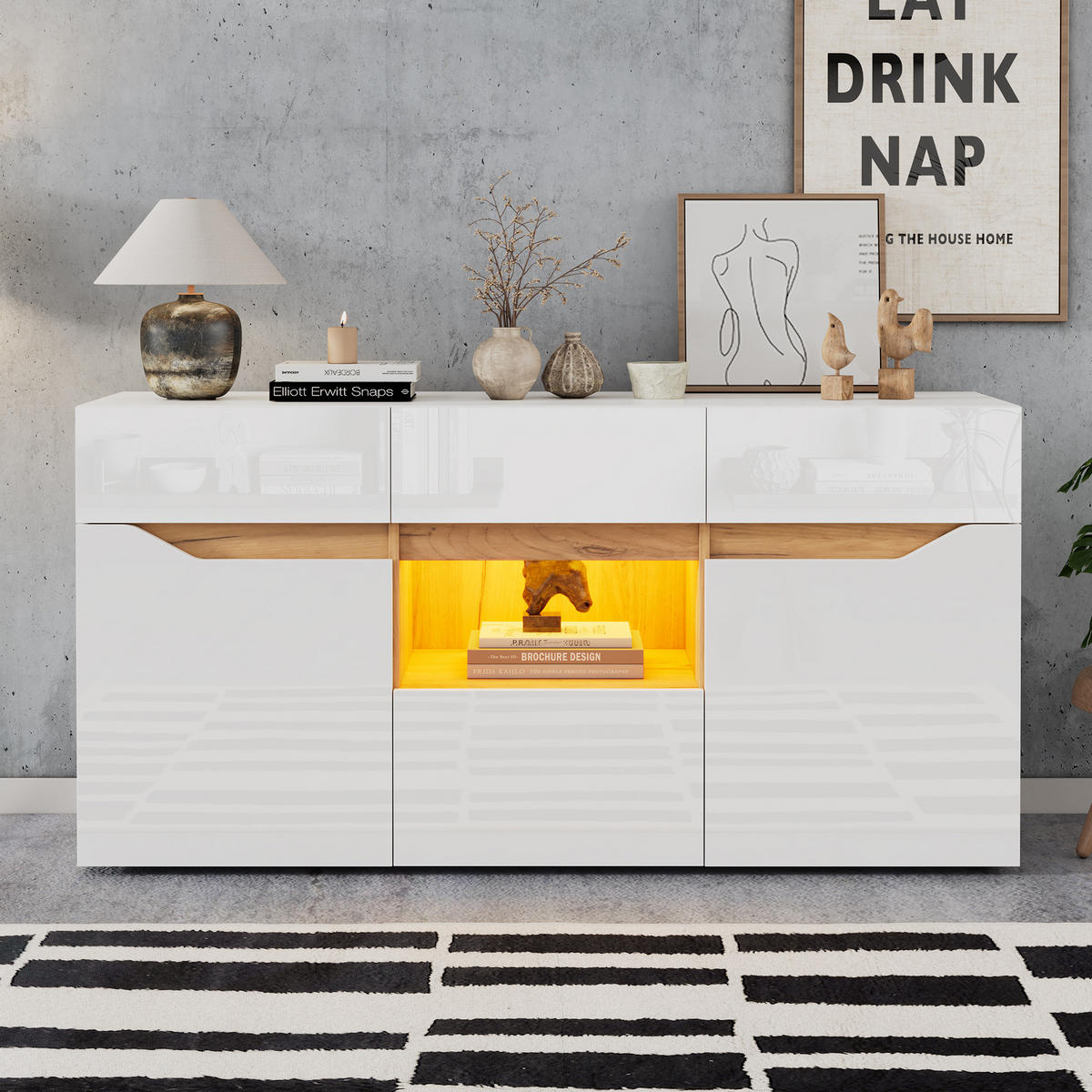 SIDEBOARD LED Weiß Holz 4 Schubladen 2 Fächer 140x40x70cm - Weiß, Holzwerkstoff (40/70/140cm) - FLIEKS