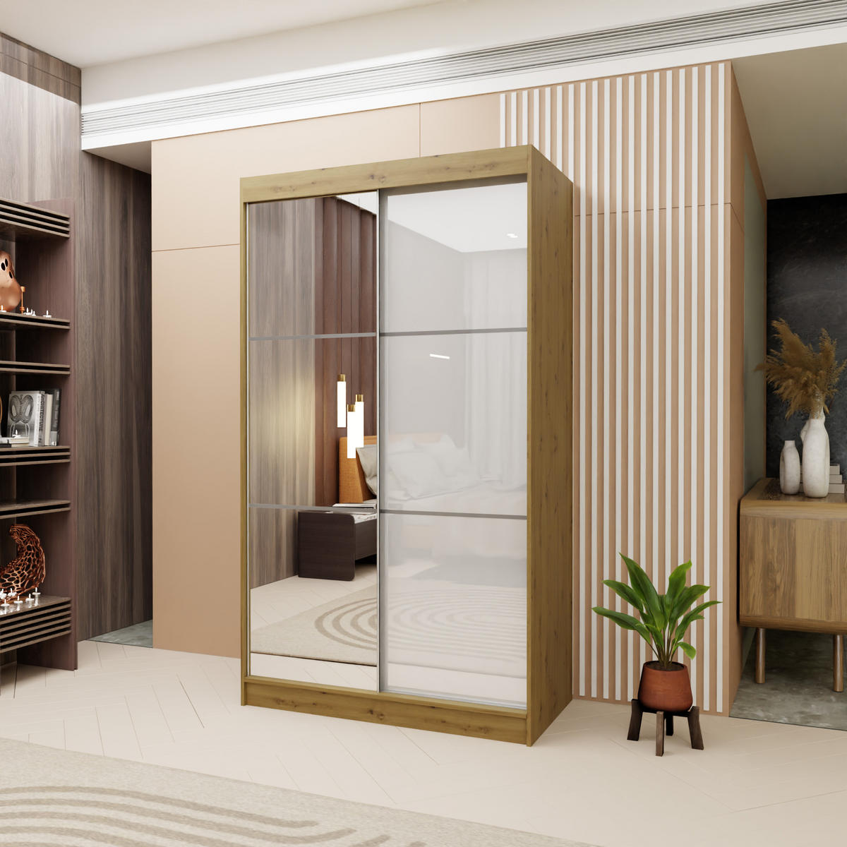 SCHWEBETÜRENSCHRANK VITALE 120/216/61 cm 2-türig mit Spiegel Eiche Artisan - Weiß/Eiche Artisan, Holzwerkstoff (120/216/61cm) - MASSENO