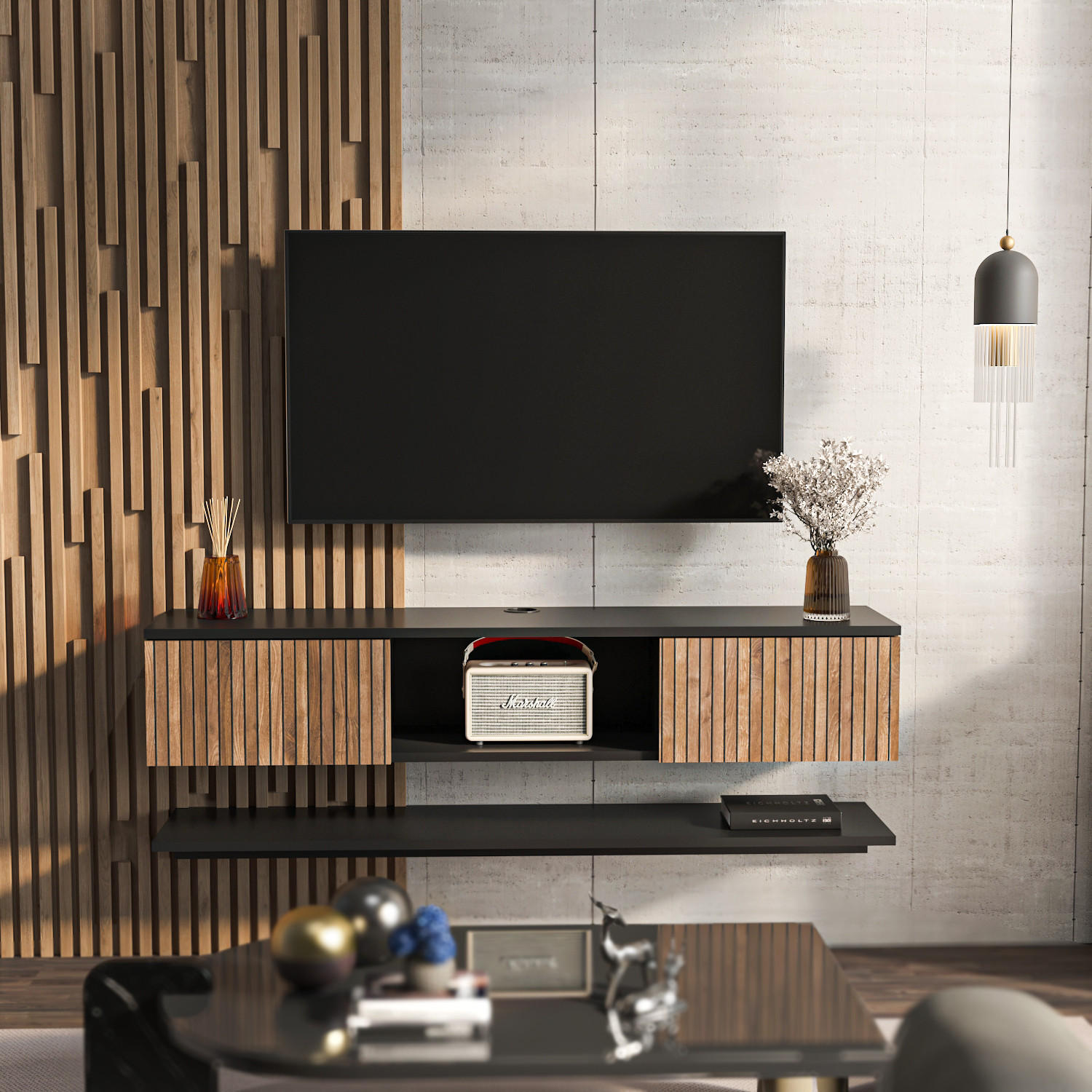 TV-ELEMENT Elia Schwarz - Hellbraun/Schwarz, Holzwerkstoff (140/25.6/32cm) - Decorotika