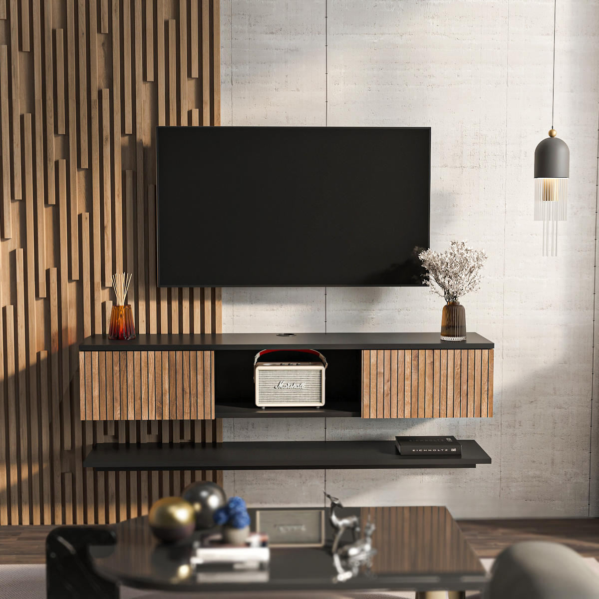TV-ELEMENT Elia Schwarz - Hellbraun/Schwarz, Holzwerkstoff (140/25.6/32cm) - Decorotika