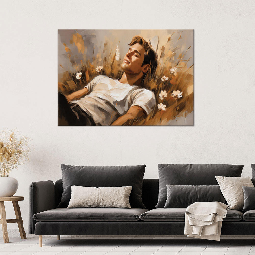 WANDBILD ein mann liegt auf einer wiese - Beige, Textil (60/40cm) - Feeby