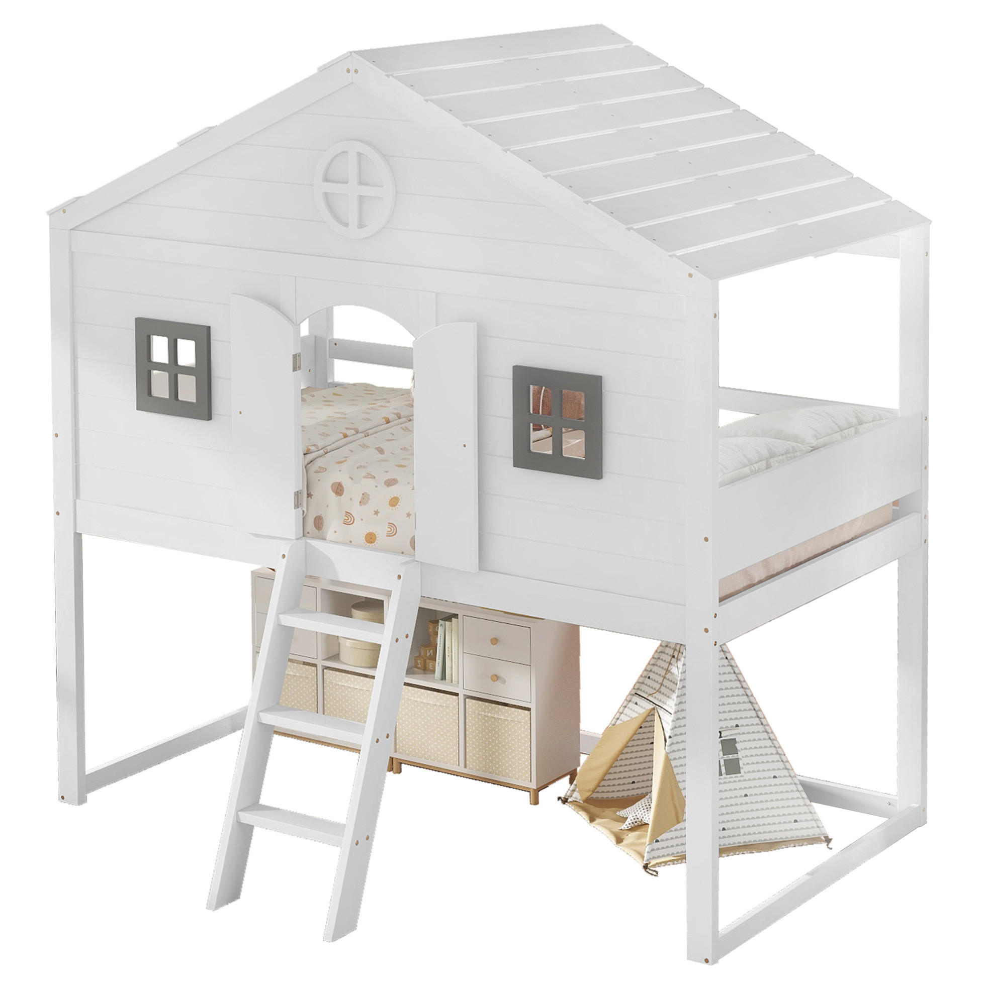 HOCHBETT 90/200 cm Weiß/Grau mit Treppe, Fenstern und Fallschutz - Weiß, Holz (90/200cm) - Flora Grace