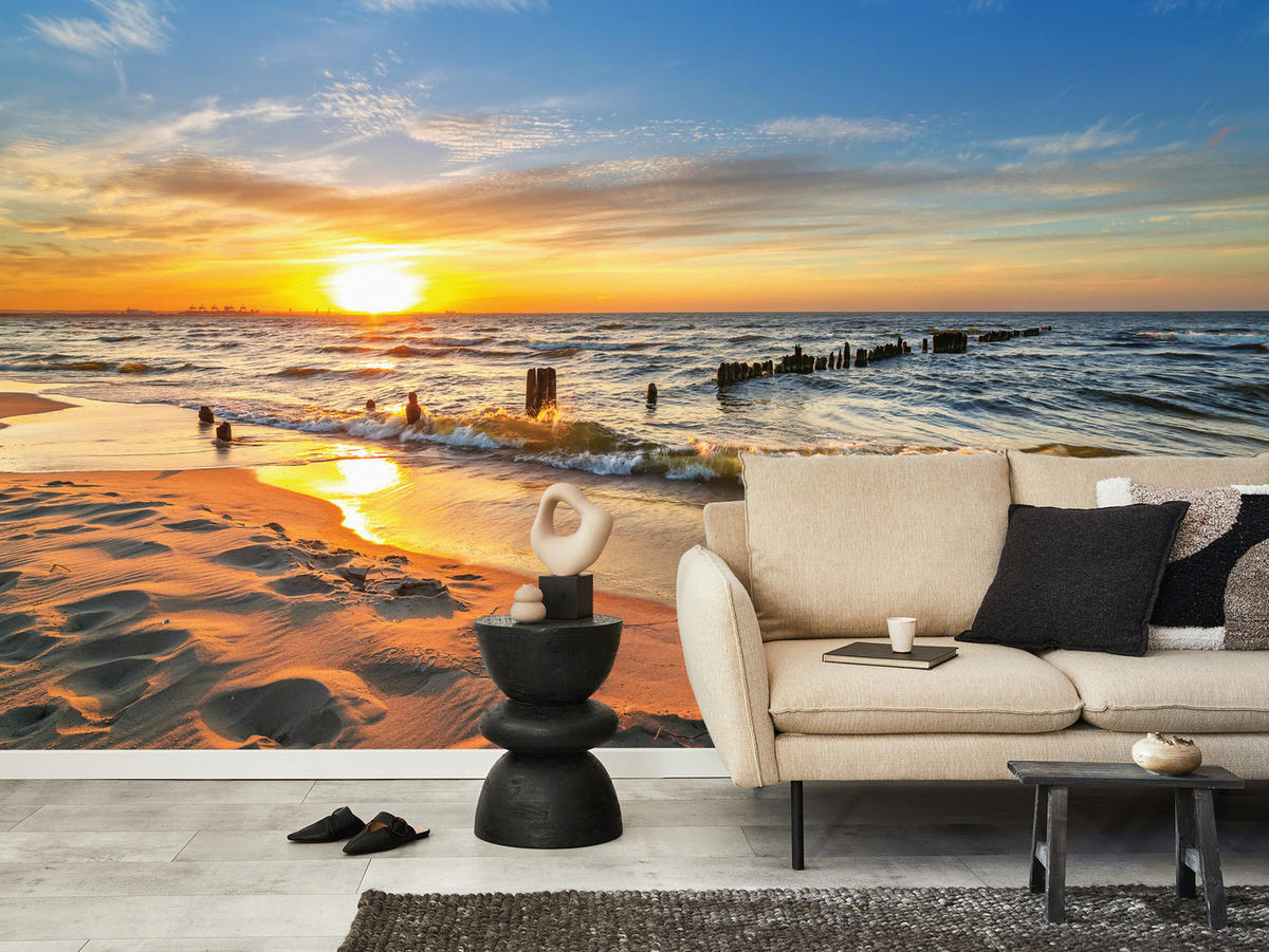 FOTOTAPETE Sonnenuntergang Strand Meer Landschaft 3D 500x350 cm - Blau/Gelb, Papier (500/350cm) - Muralo