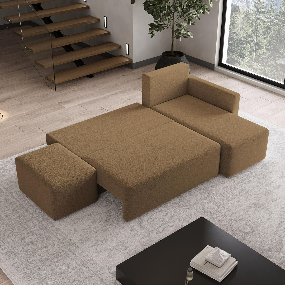 ECKSOFA VELOTTI R-S Orange Boucle-Stoff mit Schlaffunktion - Orange, Holz (261/143cm) - MASSENO