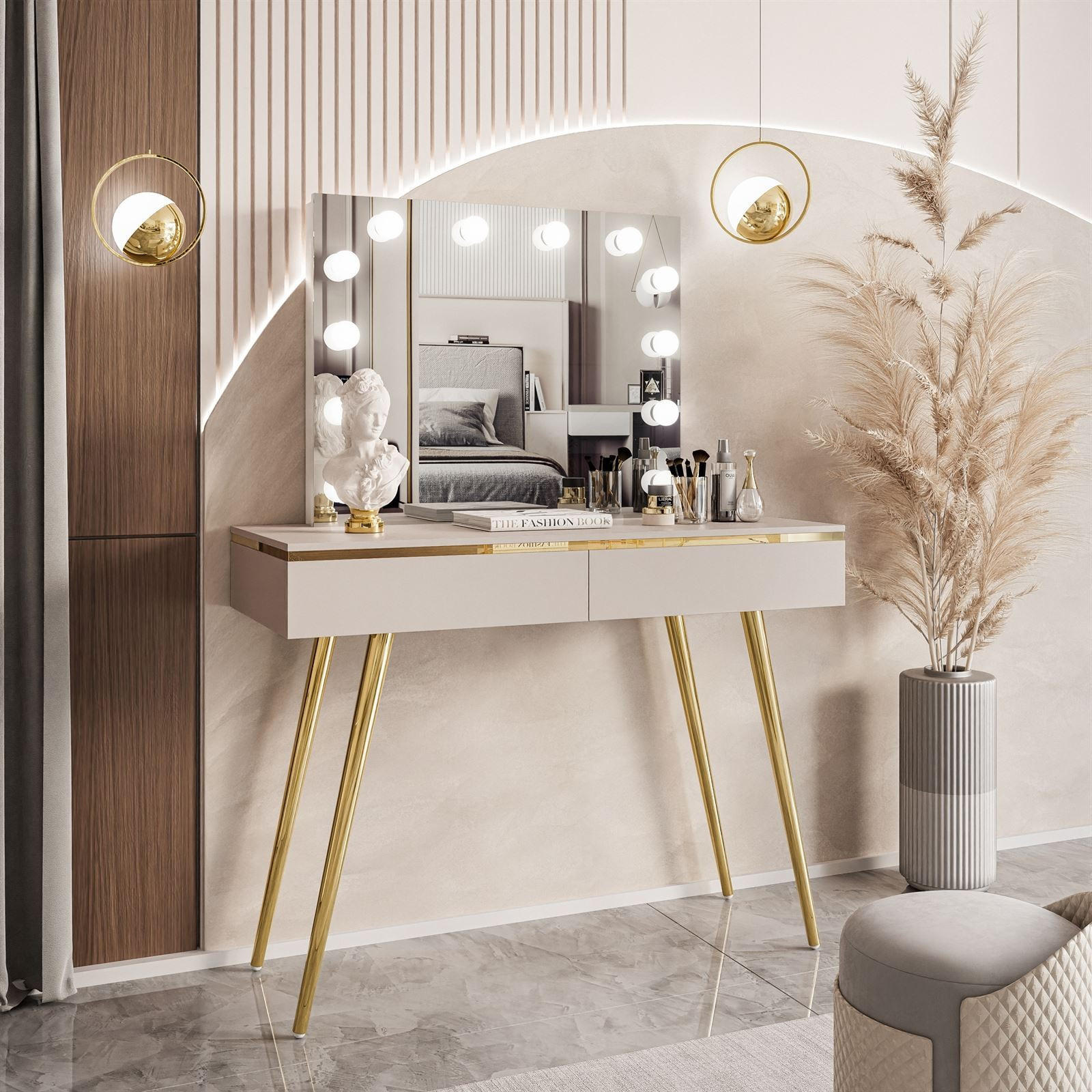 SCHMINKTISCH AURORA-S ELITE in KASCHMIR mit Spiegel - Kaschmir/Goldfarben, Holzwerkstoff/Metall (102/145/44cm) - Lookway