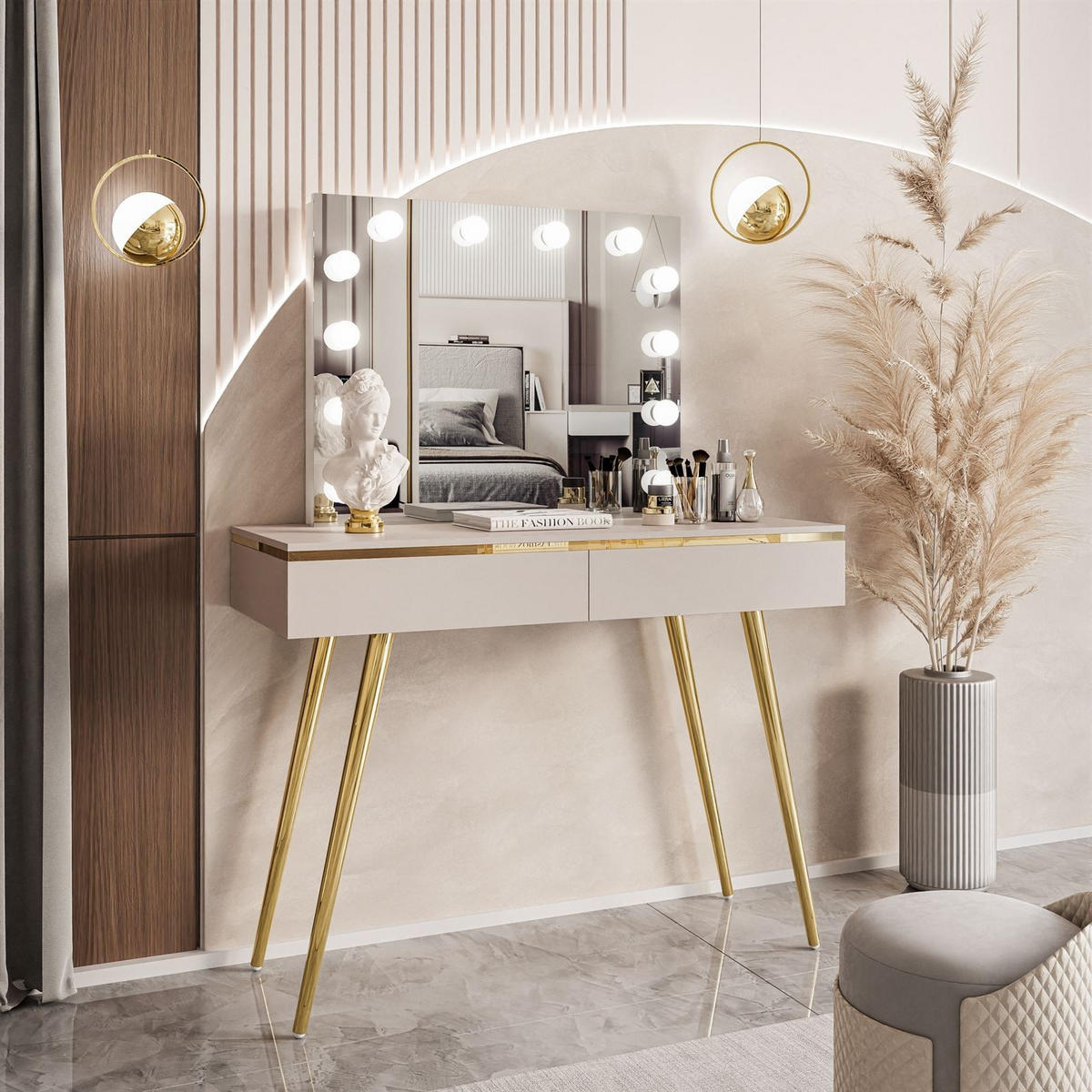 SCHMINKTISCH AURORA-S ELITE in KASCHMIR mit Spiegel - Kaschmir/Goldfarben, Holzwerkstoff/Metall (102/145/44cm) - Lookway