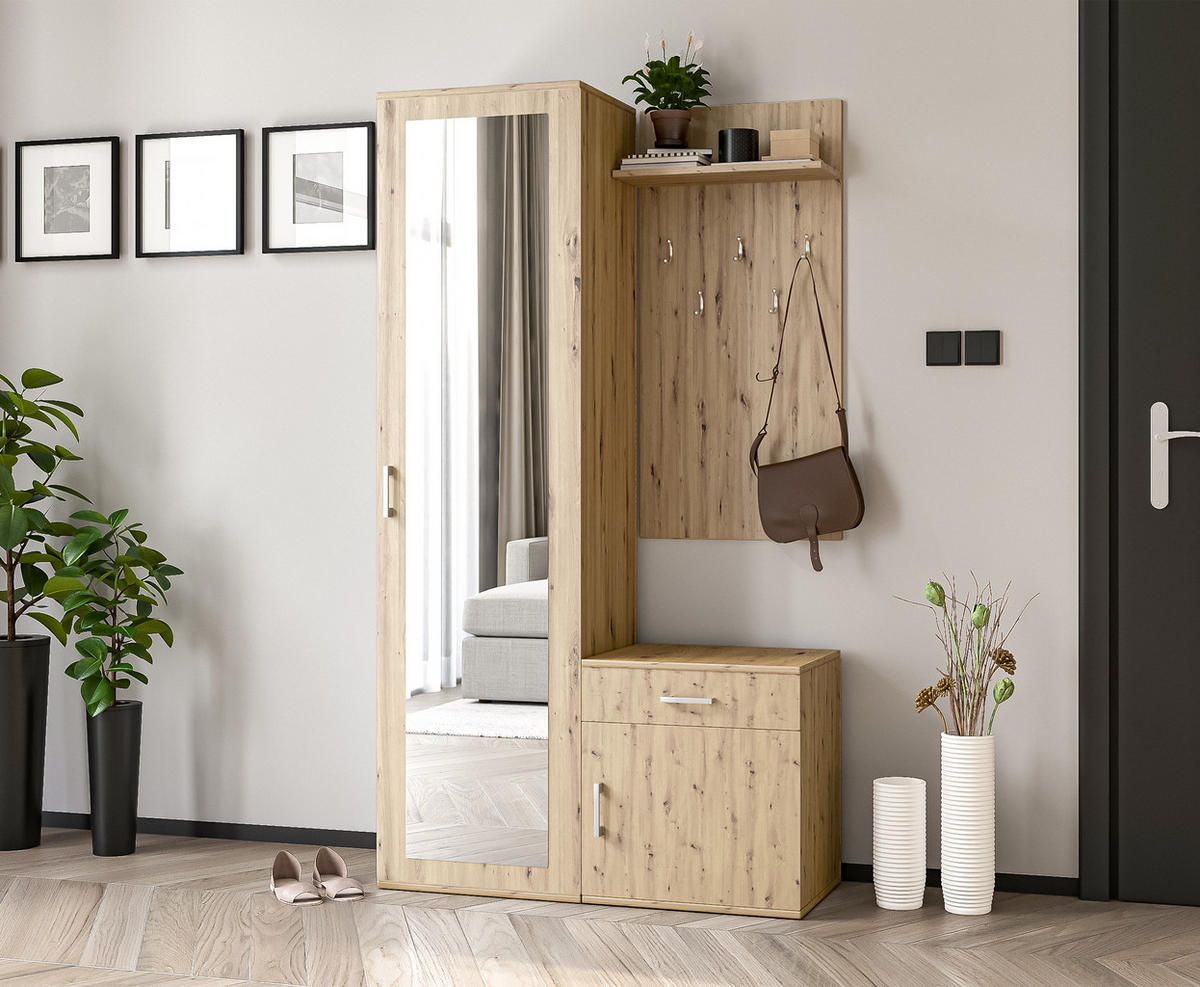 GARDEROBENSCHRANK Magnola Eiche 100/180,5/35 cm – Modern, mit Spiegel und viel Stauraum - Hellbraun, Holzwerkstoff/Kunststoff (100/180.5/35cm) - AX Living