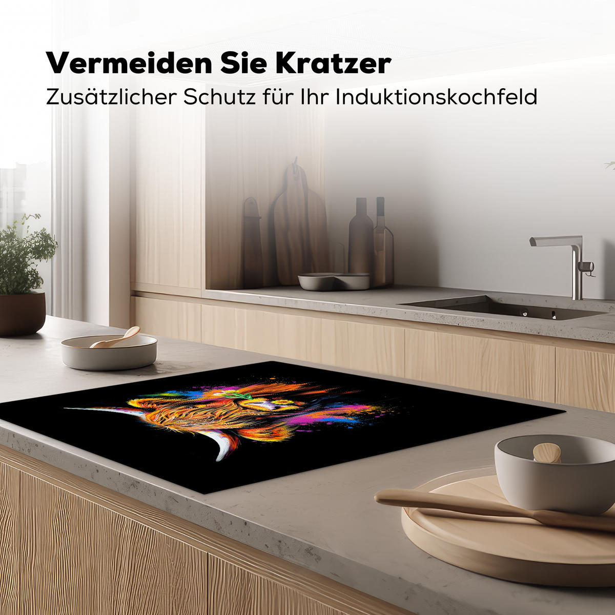HERDABDECKPLATTE Schottischer Highlander - Graffiti - Bunt - Blume - Tiere Induktionsmatte 78x78 cm - Multicolor, Kunststoff (78/78/0.2cm) - MuchoWow