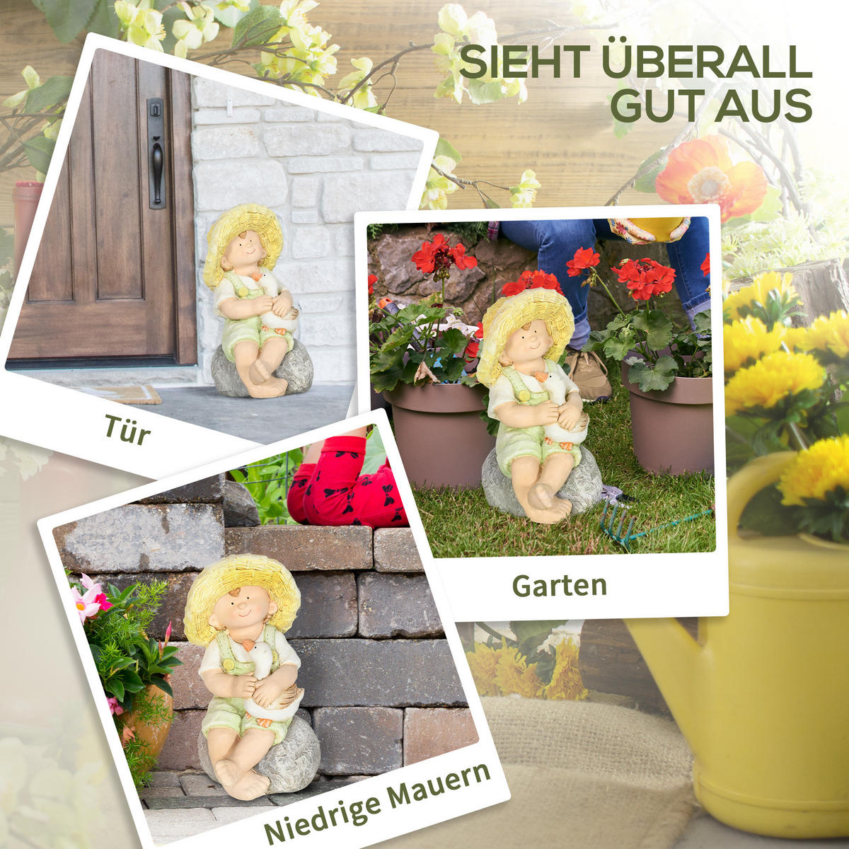 GARTENSTATUE "Kleiner Junge mit Strohhut", für Heimdekoration, Garten, Hof - Grün, Kunststoff (25/43/23.5cm) - Outsunny