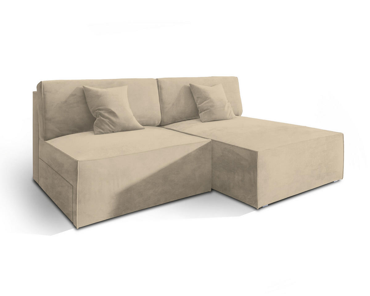 ECKSOFA FIORO M Creme Velours-Stoff mit Schlaffunktion - Creme, Holz (204/148cm) - MASSENO
