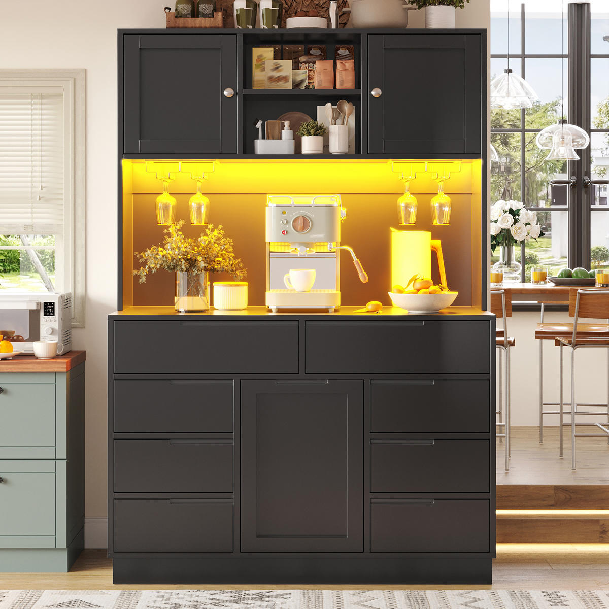 HOCHSCHRANK LED 120x40x183.5Cm 8 Schubladen Schwarz - Schwarz, Holzwerkstoff (120/183.5/40cm) - FLIEKS