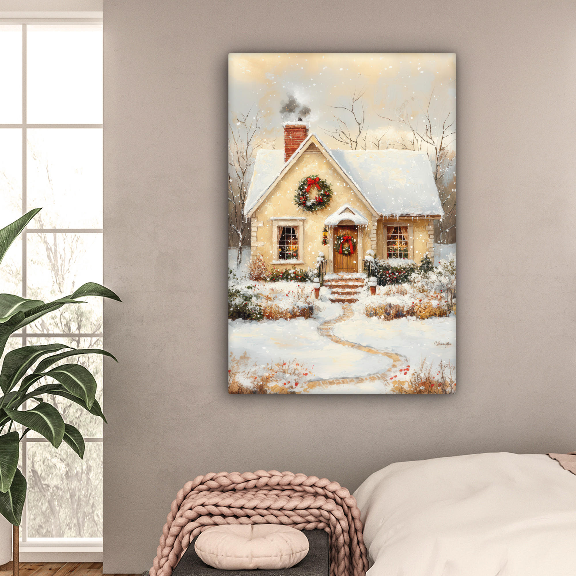 LEINWANDBILD Weihnachten - Zuhause - Winter - Schnee 80x120 cm - Creme, Textil (80/120cm) - MuchoWow
