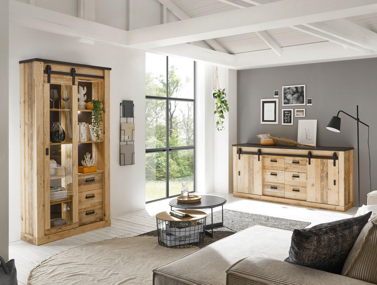 VITRINE Used Wood hell, anthrazit 93 x 201 cm, Vitrinenschrank mit Soft-Close - Anthrazit/Schwarz, Glas/Holzwerkstoff (93/201/38cm) - Furn.Design