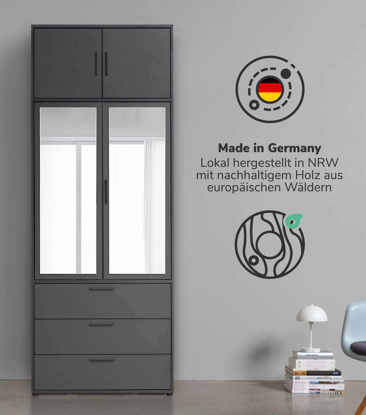 KLEIDERSCHRANK mit Spiegel Der Grenzenlose - Anthrazit, Holzwerkstoff (90/234/58cm) - Mokebo