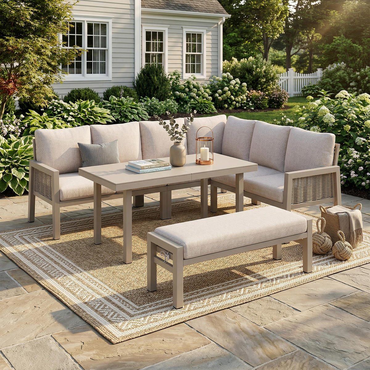 GARTEN-ESSGRUPPE 8 Personen Eckstellung Glastisch Khaki - Hellbraun, Textil - FLIEKS