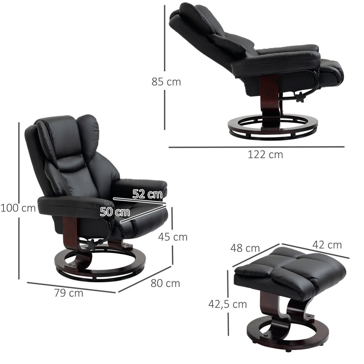 RELAXSESSEL-SET mit Hocker Kunstleder, 360° drehbar 80/79/100 cm Schwarz - Schwarz, Metall (79/100/80cm) - Redom