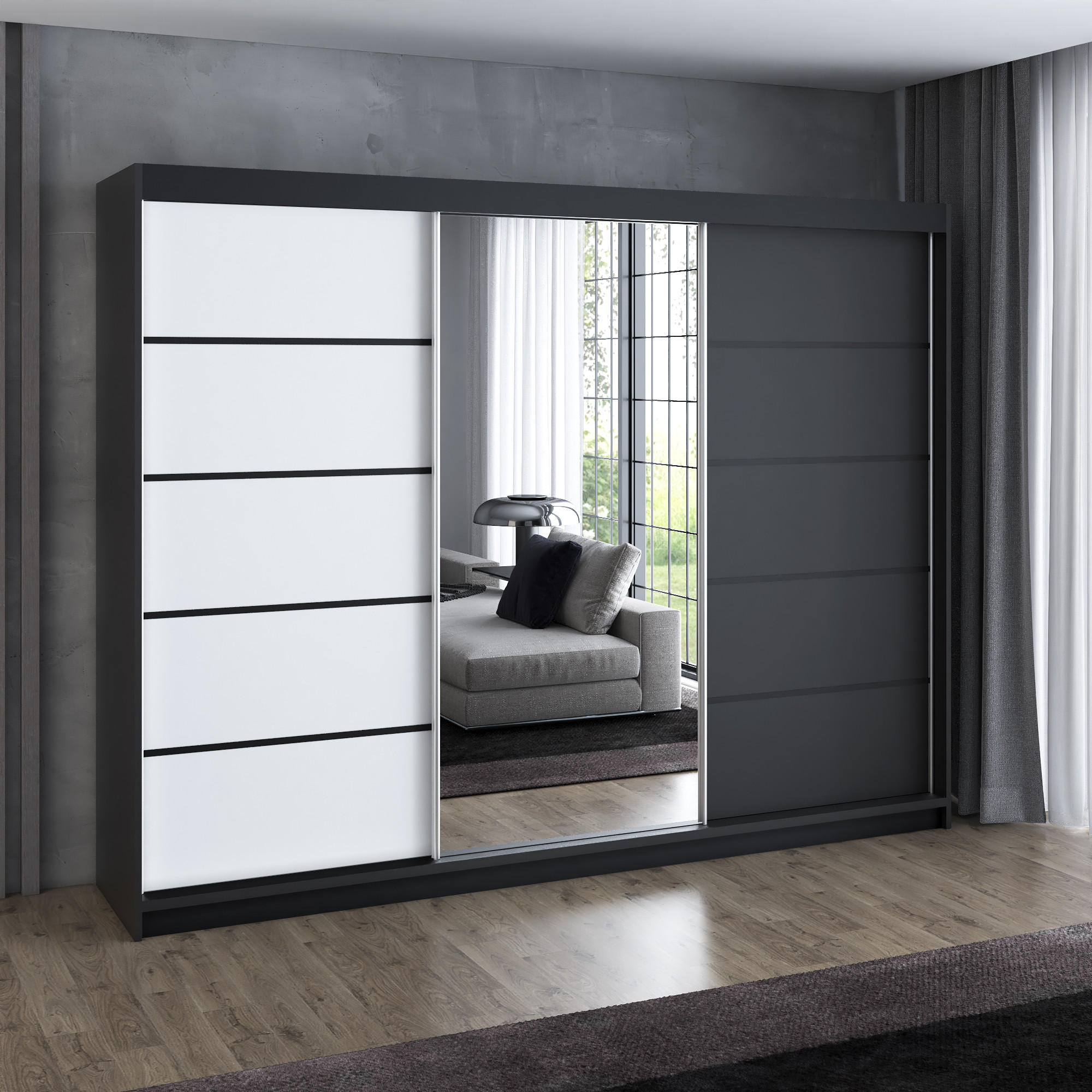 SCHWEBETÜRENSCHRANK 200 cm VILANO 2 Farbe: Schwarz, Weiß, Schwarz - Schwarz/Weiß, Holzwerkstoff (200/215/59.5cm) - A&J MöbelLand